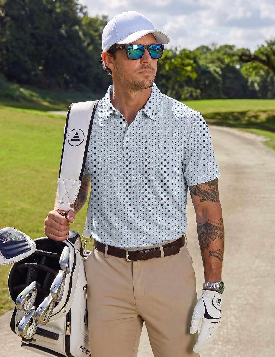 image:imageCOOFANDY Mens Golf Polo Shirts Short Sleeve Quick Dry Moisture Wicking Performance Collared Golf Shirt for MenGeometric Cross Print