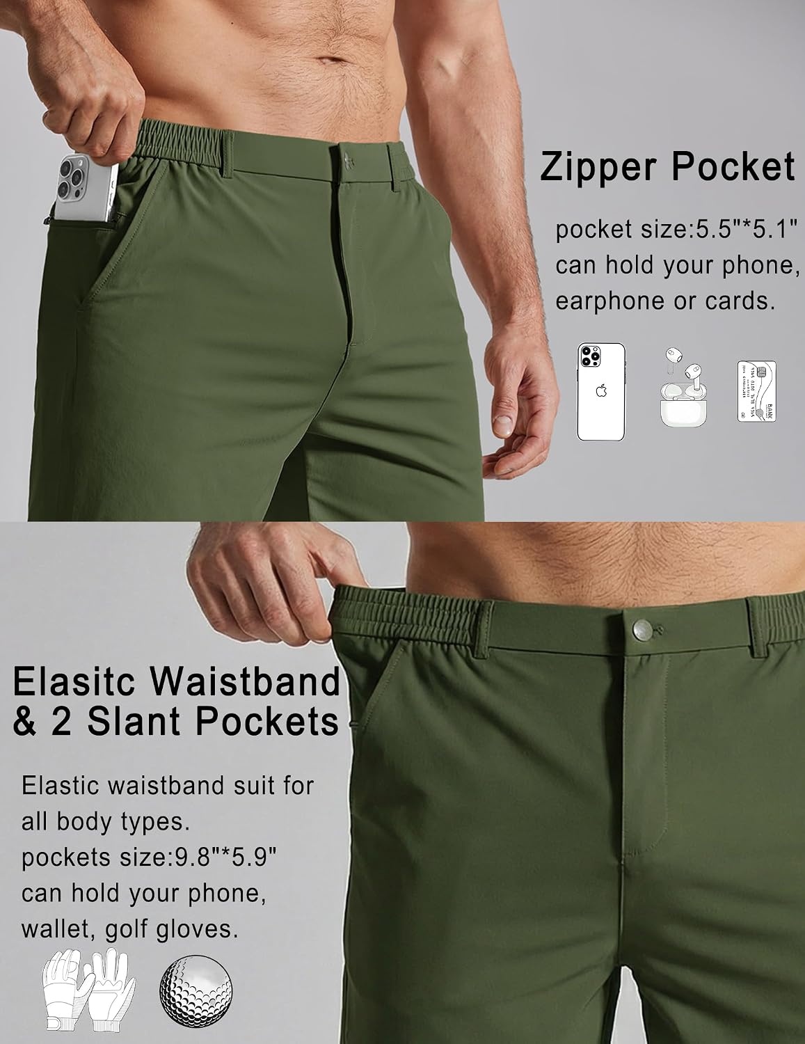 image:imageCOOFANDY Mens Golf Shorts 7 Lightweight Elastic Waistband Casual Shorts Stretch Shorts for Men Zipper Pockets Quick Dry Durable and AntiPilling Summer Beach ShortsArmy Green