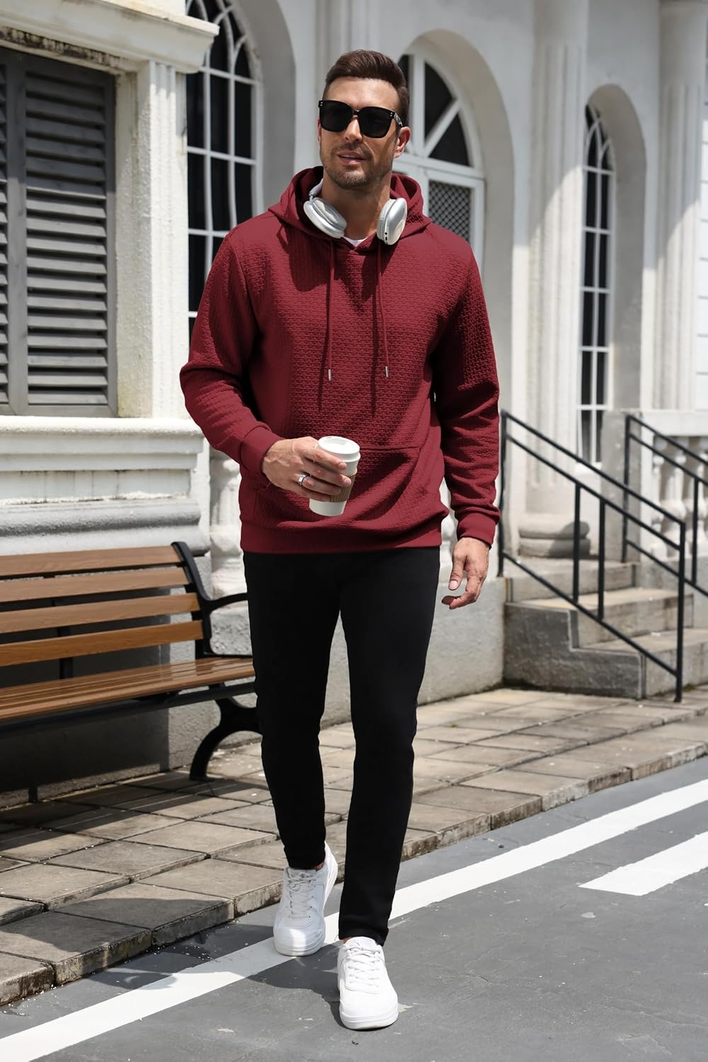 image:imageCOOFANDY Mens Hoodie Pullover Casual Hooded Sweatshirt Kangaroo Pocket Mens Hoodie Lightweight Pullover with Kangaroo Pocket Soft Knit Fabric Ideal for Casual Daily Wear Weekend TravelWine Red