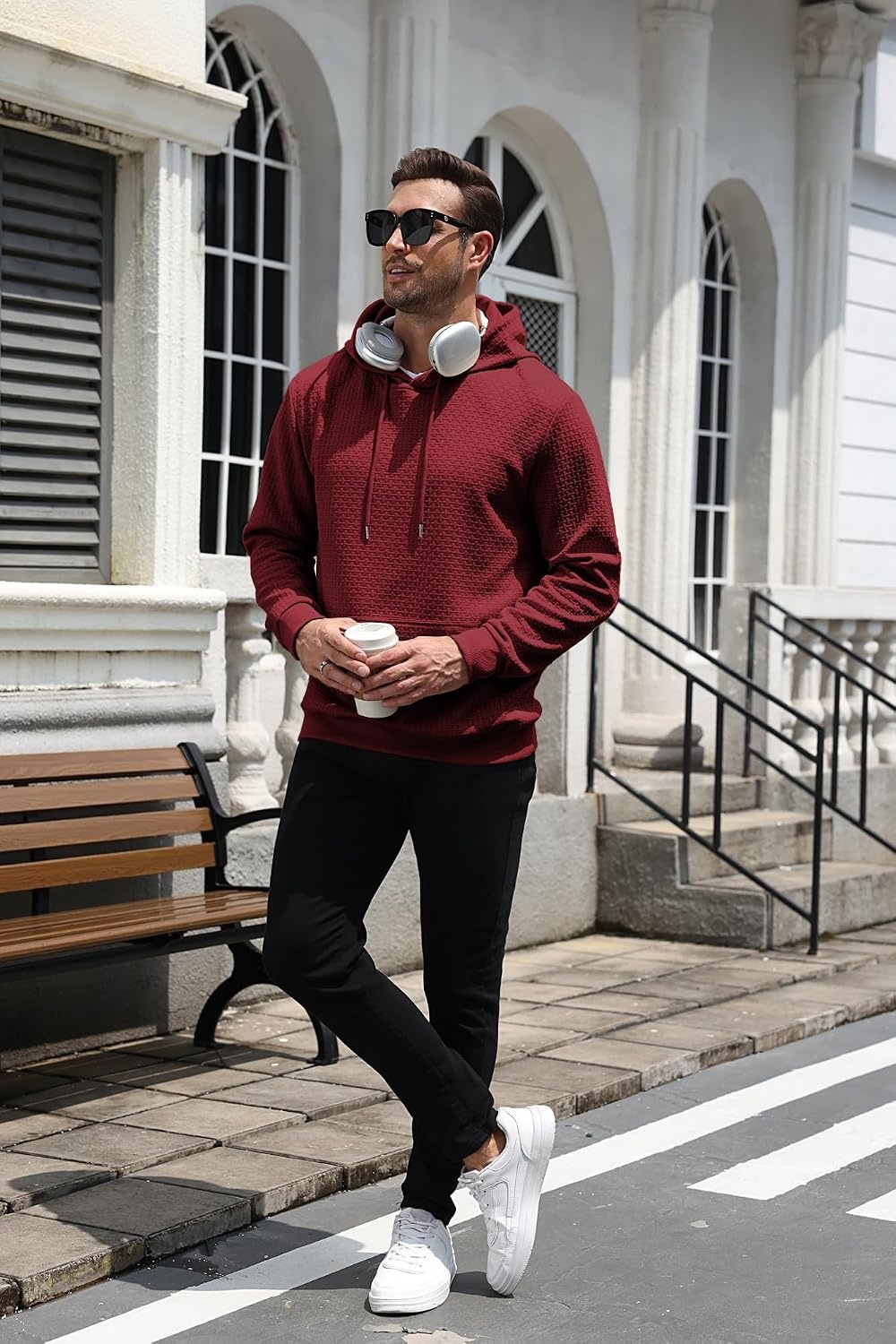 image:imageCOOFANDY Mens Hoodie Pullover Casual Hooded Sweatshirt Kangaroo Pocket Mens Hoodie Lightweight Pullover with Kangaroo Pocket Soft Knit Fabric Ideal for Casual Daily Wear Weekend TravelWine Red