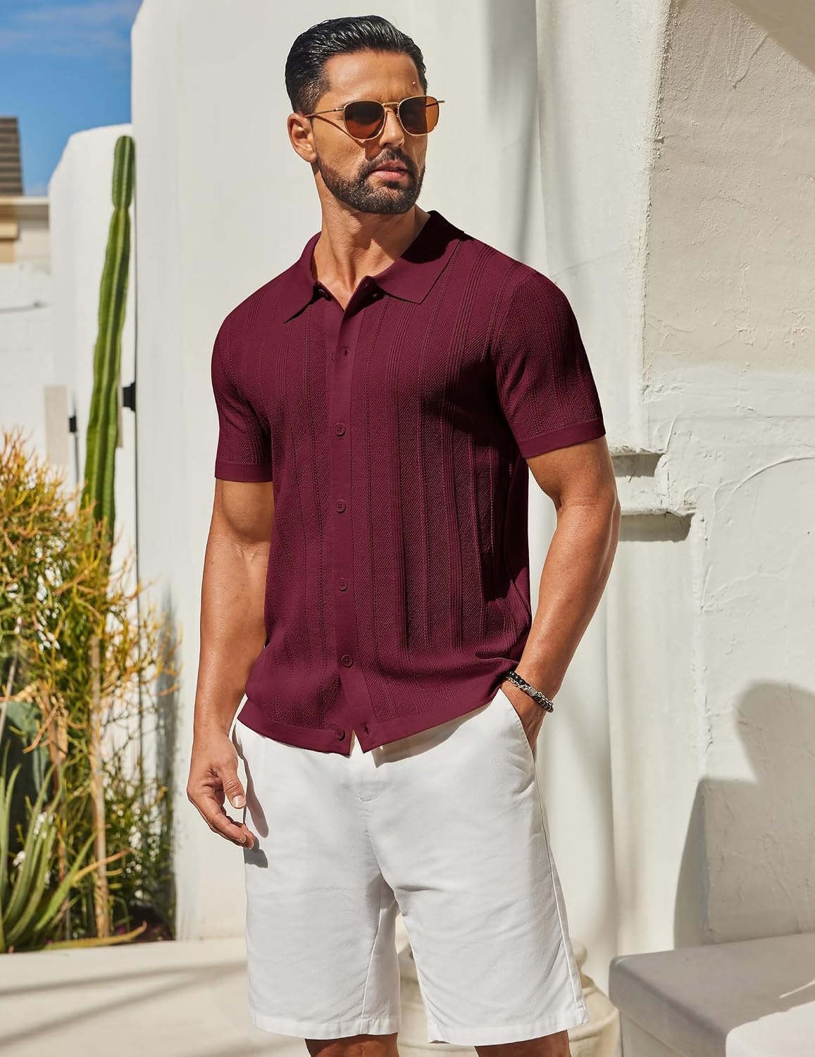 image:imageCOOFANDY Mens Knit Button Down Shirts Short Sleeve Polo Shirt for Vacation Knit ShirtButton Up Shirt Casual Shirt Summer ShirtOld Money ClothesGoing Out ShirtBusiness Casual ShirtCrochet ShirtWine Red