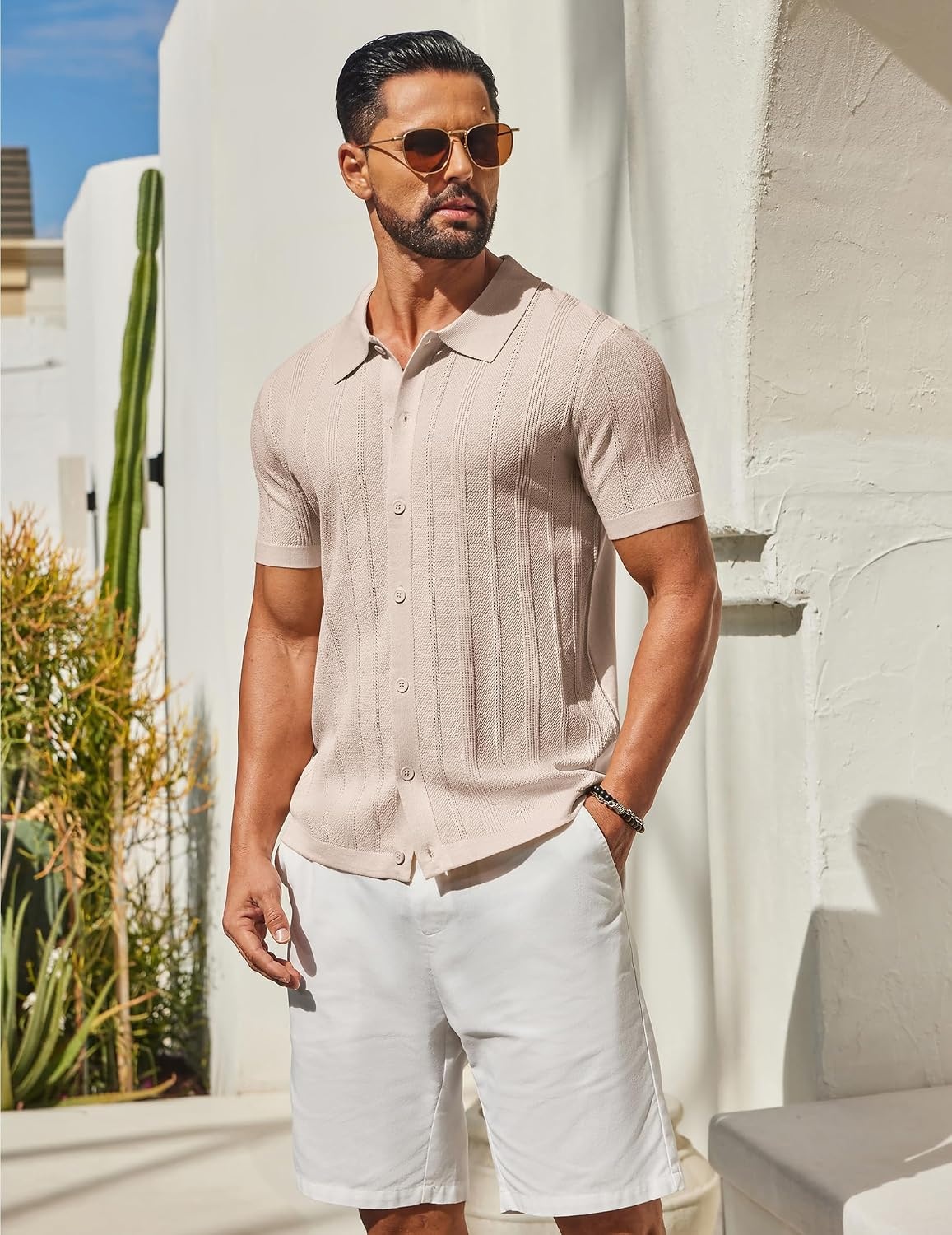 image:imageCOOFANDY Mens Knit Button Down Shirts Short Sleeve Polo Shirt for Vacation Knit ShirtButton Up Shirt Casual Shirt Summer ShirtOld Money ClothesGoing Out ShirtBusiness Casual ShirtCrochet ShirtCream