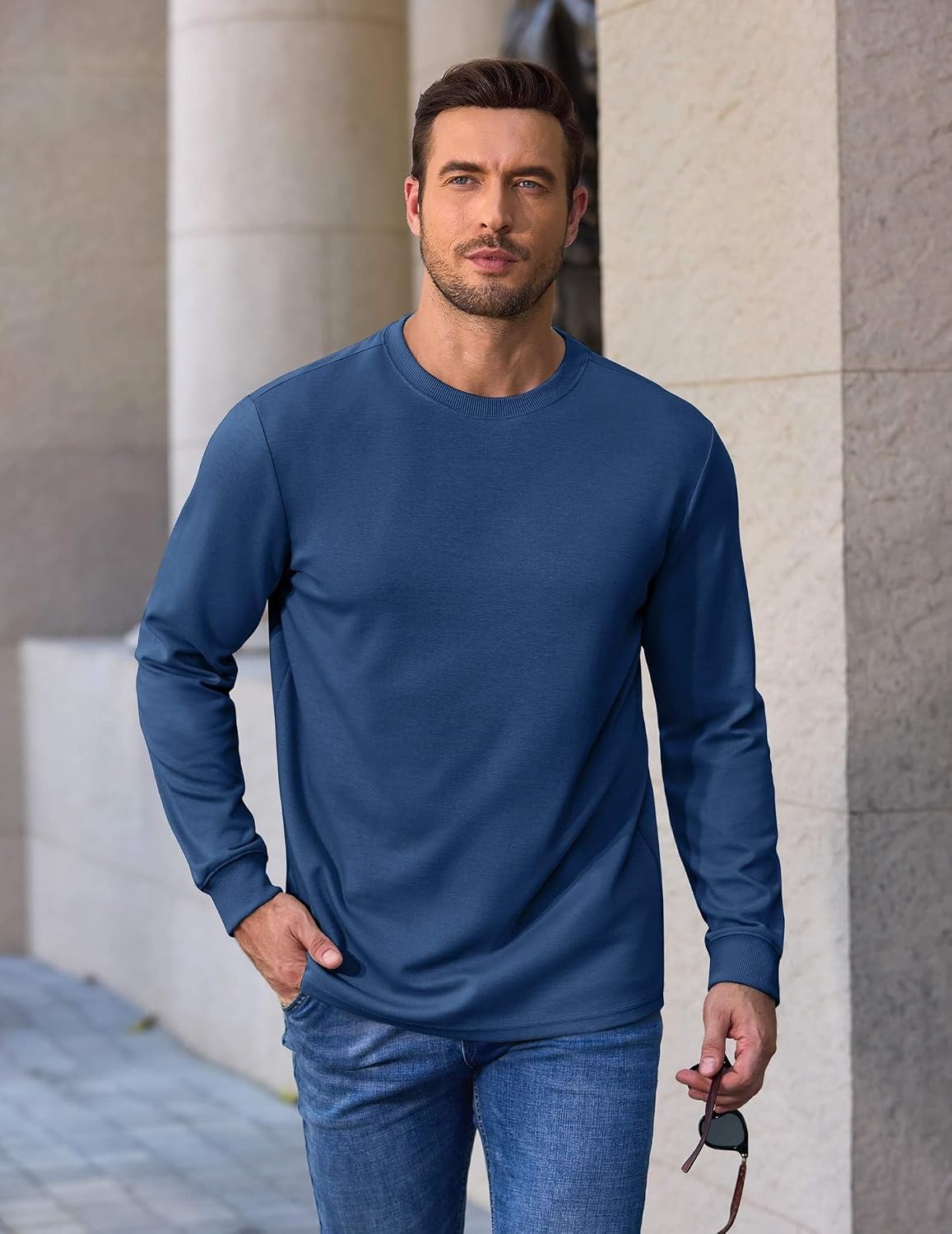 image:imageCOOFANDY Mens Long Sleeve Tee Shirts Heavy Weight Cotton Crew Neck TShirt Regular Fit Casual Basic TeesDark Blue