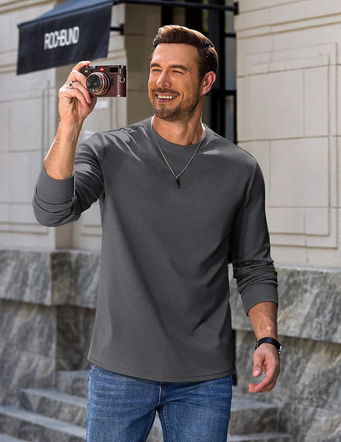 image:imageCOOFANDY Mens Long Sleeve Tee Shirts Heavy Weight Cotton Crew Neck TShirt Regular Fit Casual Basic TeesDark Grey