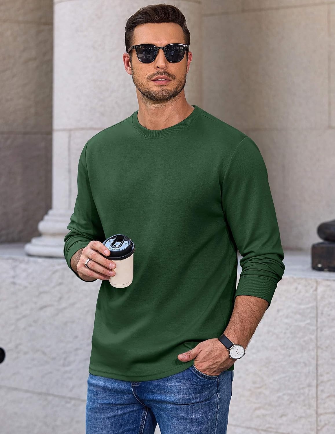 image:imageCOOFANDY Mens Long Sleeve Tee Shirts Heavy Weight Cotton Crew Neck TShirt Regular Fit Casual Basic TeesGreen