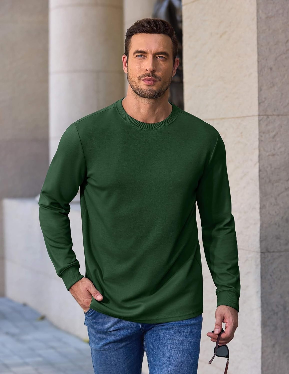 image:imageCOOFANDY Mens Long Sleeve Tee Shirts Heavy Weight Cotton Crew Neck TShirt Regular Fit Casual Basic TeesGreen