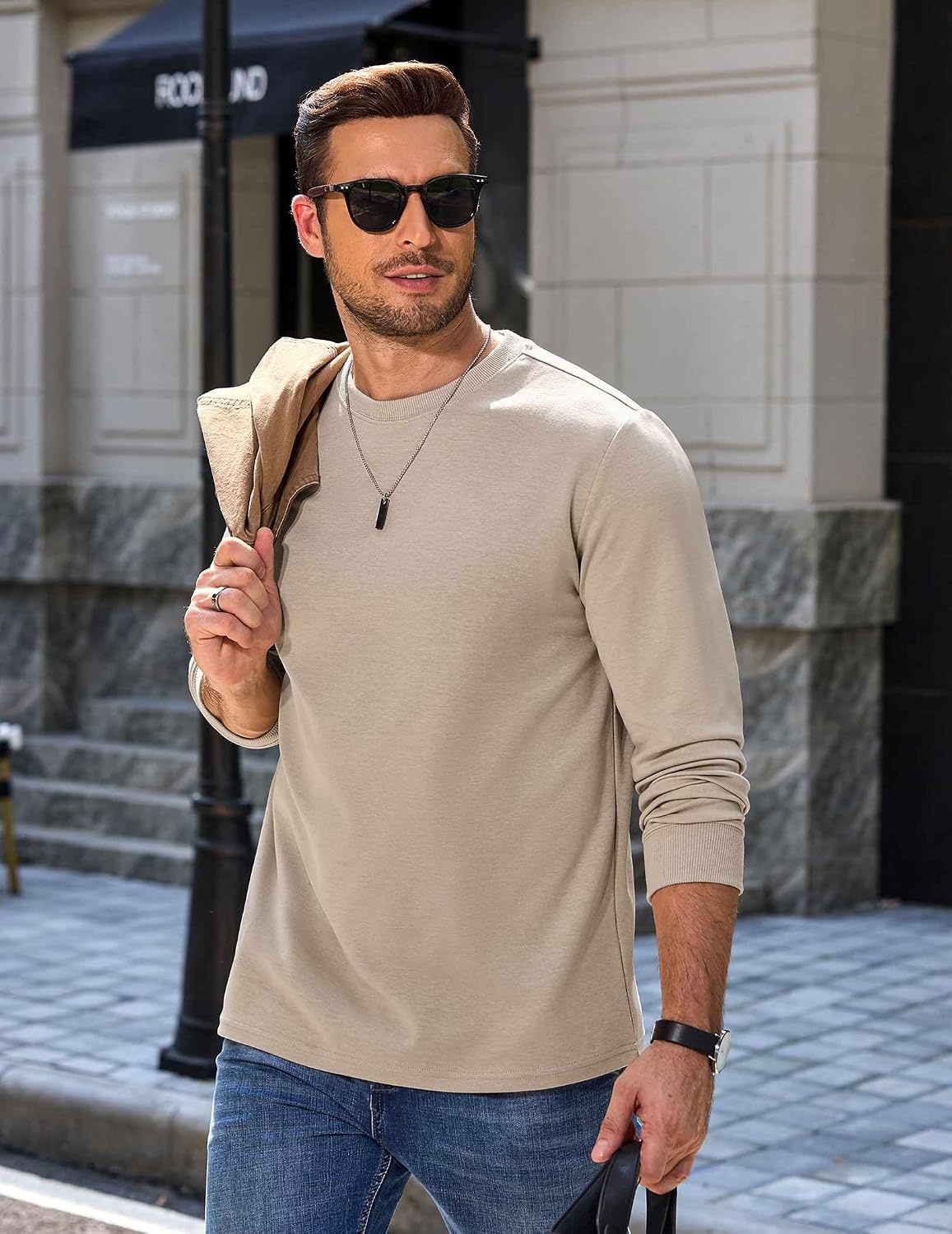 image:imageCOOFANDY Mens Long Sleeve Tee Shirts Heavy Weight Cotton Crew Neck TShirt Regular Fit Casual Basic TeesKhaki