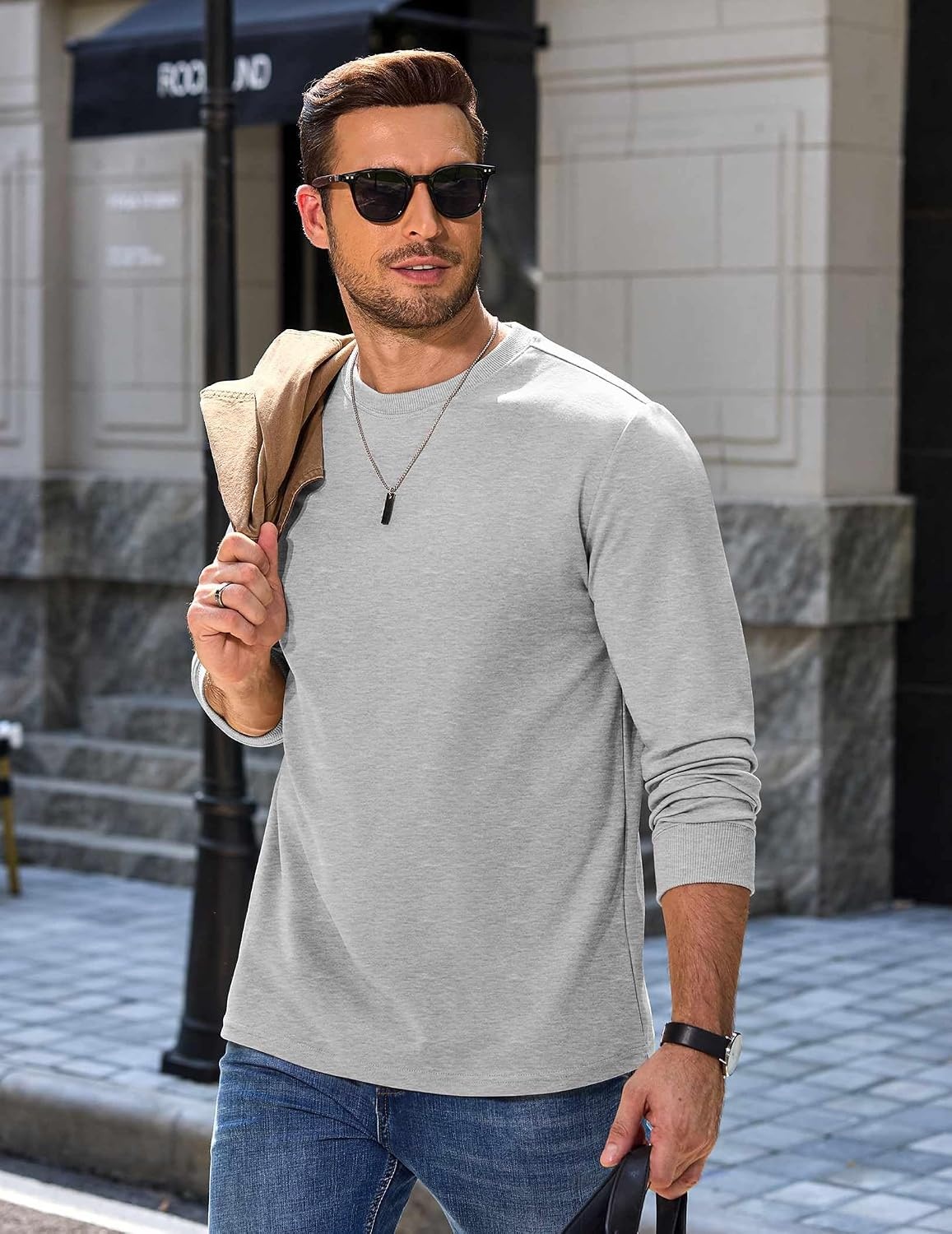 image:imageCOOFANDY Mens Long Sleeve Tee Shirts Heavy Weight Cotton Crew Neck TShirt Regular Fit Casual Basic TeesLight Grey