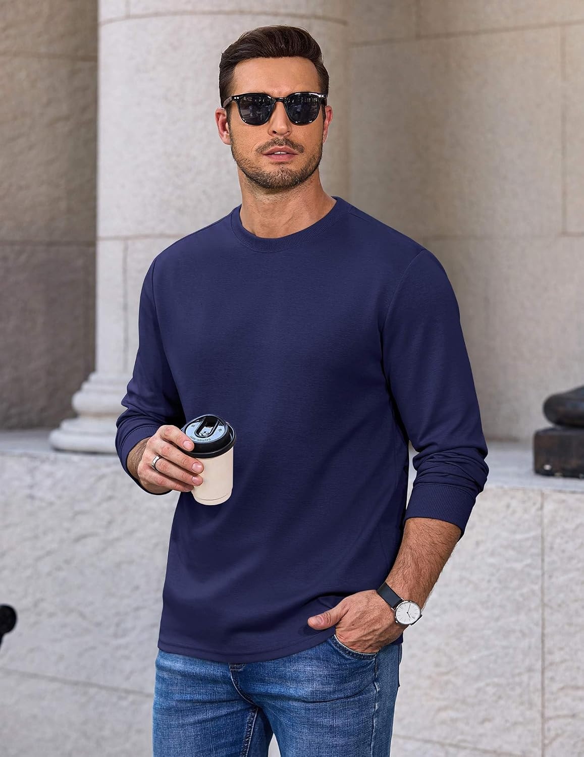 image:imageCOOFANDY Mens Long Sleeve Tee Shirts Heavy Weight Cotton Crew Neck TShirt Regular Fit Casual Basic TeesNavy