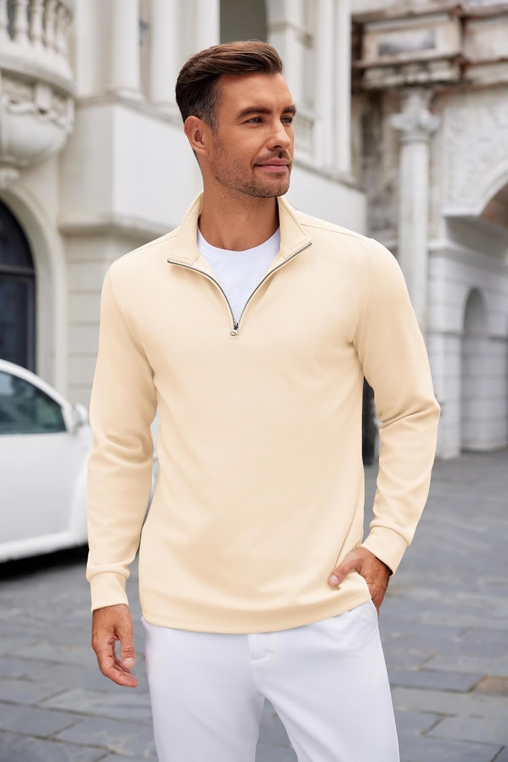 image:imageCOOFANDY Mens Quarter Zip Up Pullover Lightweight Mock Neck Sweatshirt Half ZipLightweightMock NeckCasualSoft fabricSimple and ClassicBeige