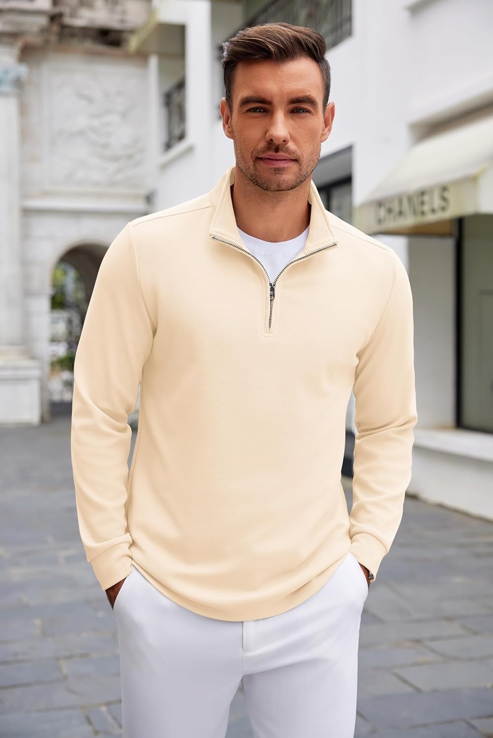image:imageCOOFANDY Mens Quarter Zip Up Pullover Lightweight Mock Neck Sweatshirt Half ZipLightweightMock NeckCasualSoft fabricSimple and ClassicBeige