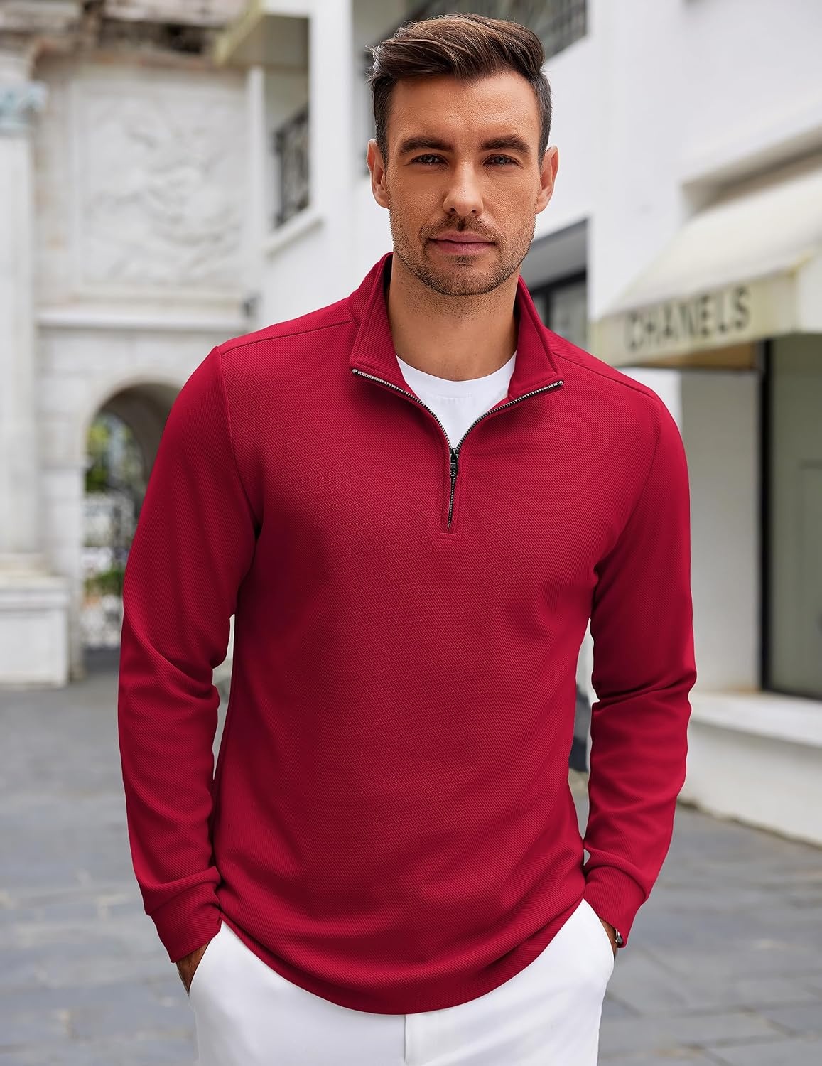 image:imageCOOFANDY Mens Quarter Zip Up Pullover Lightweight Mock Neck Sweatshirt Half ZipLightweightMock NeckCasualSoft fabricSimple and ClassicDark Red