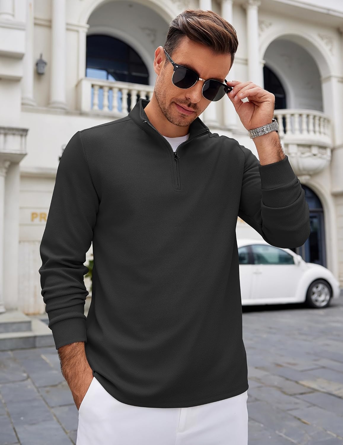image:imageCOOFANDY Mens Quarter Zip Up Pullover Lightweight Mock Neck Sweatshirt Half ZipLightweightMock NeckCasualSoft fabricSimple and ClassicDrak Grey