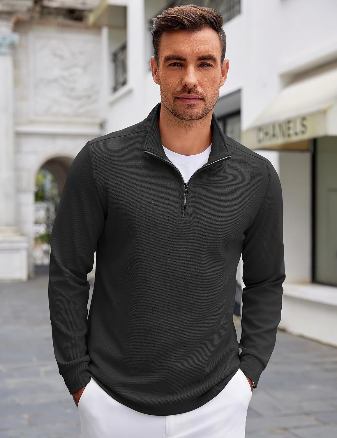 image:imageCOOFANDY Mens Quarter Zip Up Pullover Lightweight Mock Neck Sweatshirt Half ZipLightweightMock NeckCasualSoft fabricSimple and ClassicDrak Grey