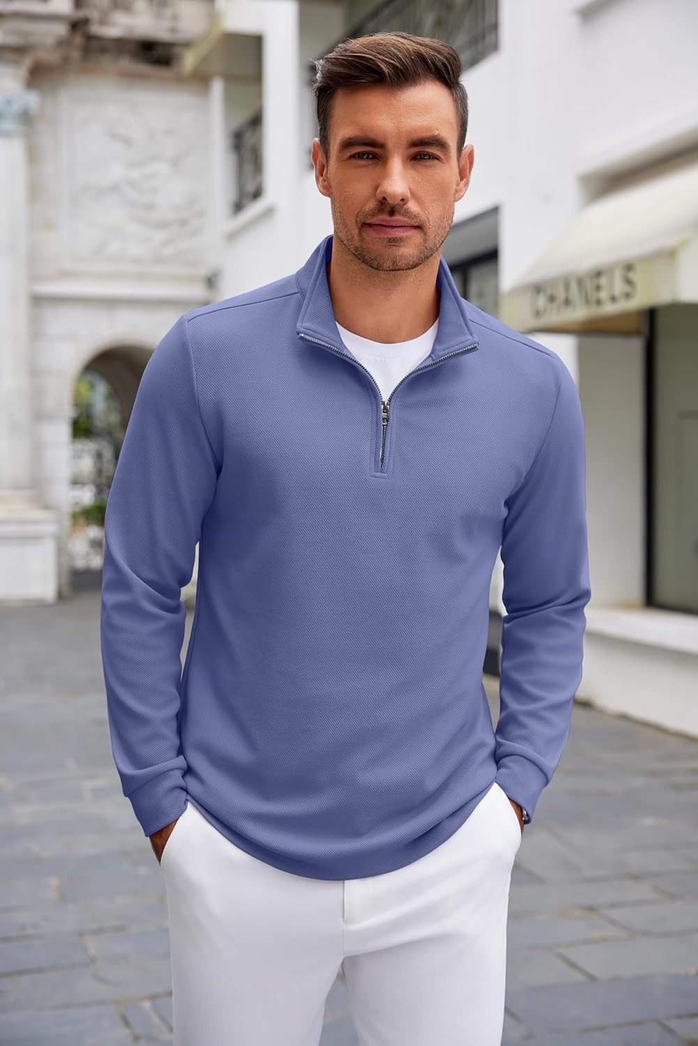 image:imageCOOFANDY Mens Quarter Zip Up Pullover Lightweight Mock Neck Sweatshirt Half ZipLightweightMock NeckCasualSoft fabricSimple and ClassicGrey Blue