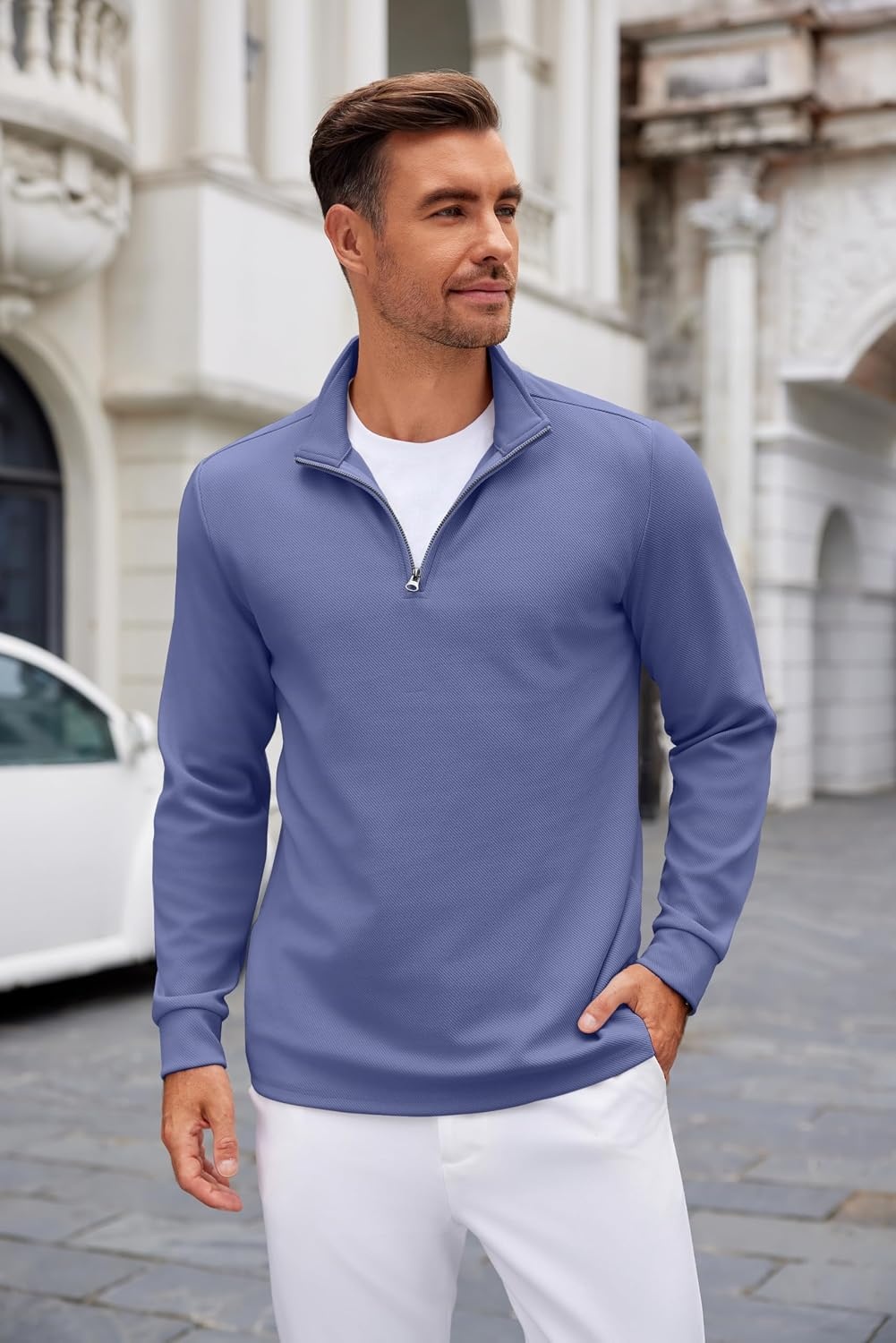 image:imageCOOFANDY Mens Quarter Zip Up Pullover Lightweight Mock Neck Sweatshirt Half ZipLightweightMock NeckCasualSoft fabricSimple and ClassicGrey Blue