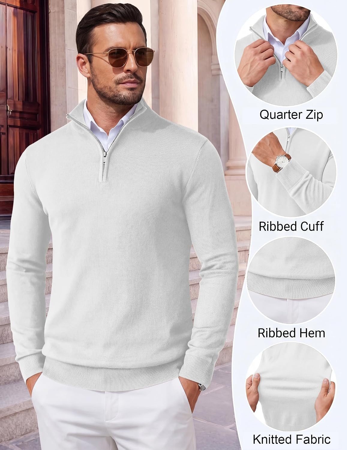 image:imageCOOFANDY Mens Quarter Zip Up Sweaters Slim Fit Lightweight Mock Pullover Casual Polo Sweaters Quarter Zip Pullover Business Winter Fall Relaxed Fit Knit Turtleneck Sweater Metal Zipper PullWhite