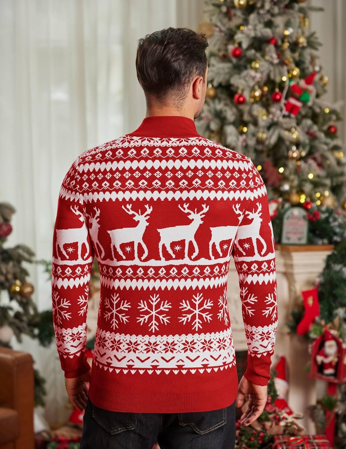 image:imageCOOFANDY Mens Quarter Zip Up Sweaters Slim Fit Lightweight Mock Pullover Casual Polo Sweaters Quarter Zip Pullover Business Winter Fall Relaxed Fit Knit Turtleneck Sweater Metal Zipper PullChristmas Red Elk