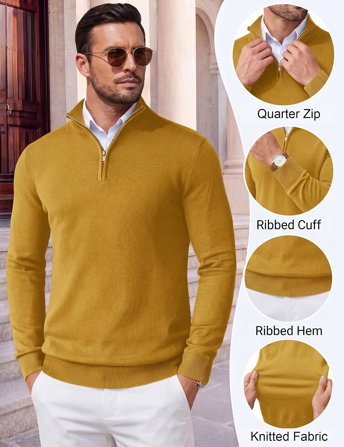 image:imageCOOFANDY Mens Quarter Zip Up Sweaters Slim Fit Lightweight Mock Pullover Casual Polo Sweaters Quarter Zip Pullover Business Winter Fall Relaxed Fit Knit Turtleneck Sweater Metal Zipper PullTurmeric