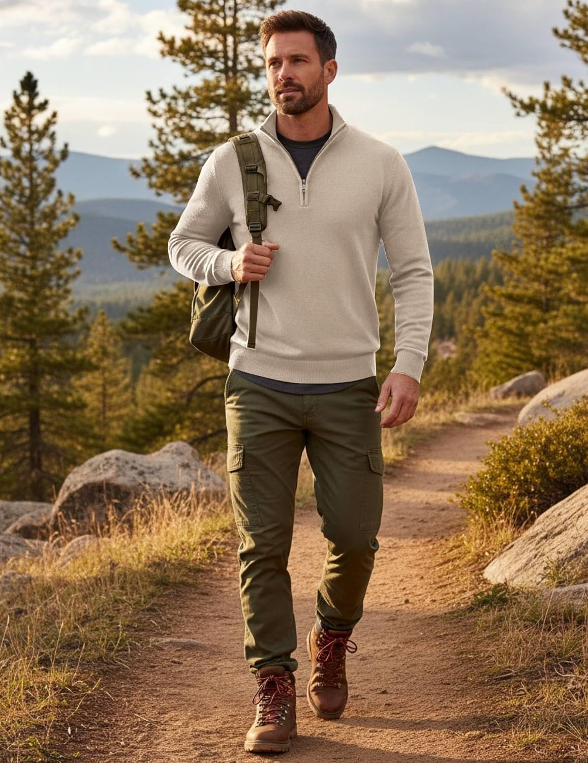 image:imageCOOFANDY Mens Quarter Zip Up Sweaters Slim Fit Lightweight Mock Pullover Casual Polo Sweaters Quarter Zip Pullover Business Winter Fall Relaxed Fit Knit Turtleneck Sweater Metal Zipper PullCream