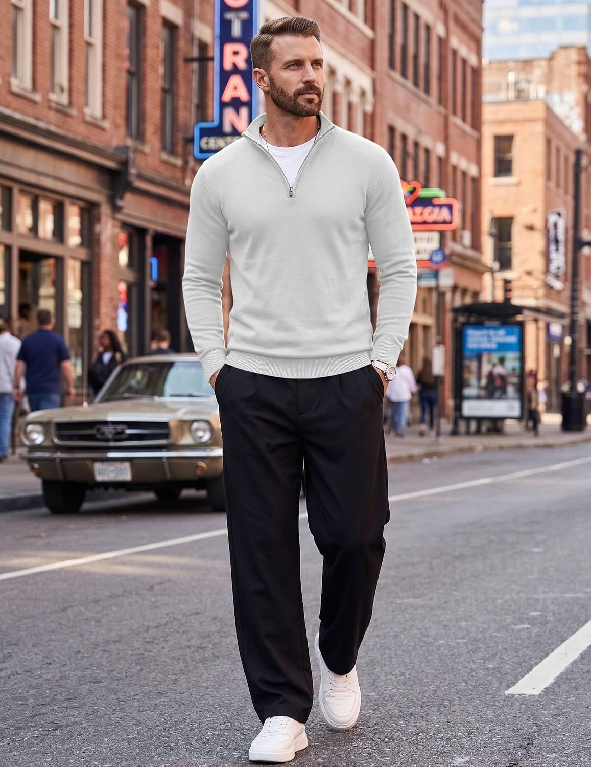 image:imageCOOFANDY Mens Quarter Zip Up Sweaters Slim Fit Lightweight Mock Pullover Casual Polo Sweaters Quarter Zip Pullover Business Winter Fall Relaxed Fit Knit Turtleneck Sweater Metal Zipper PullWhite
