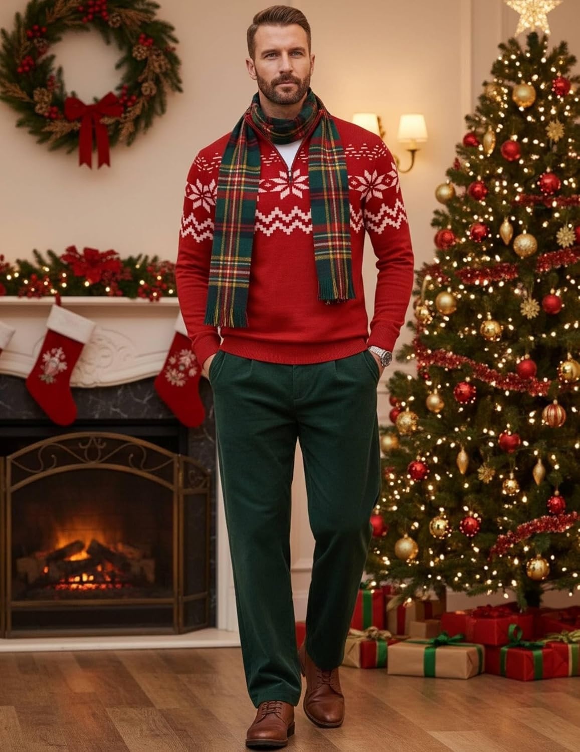 image:imageCOOFANDY Mens Quarter Zip Up Sweaters Slim Fit Lightweight Mock Pullover Casual Polo Sweaters Quarter Zip Pullover Business Winter Fall Relaxed Fit Knit Turtleneck Sweater Metal Zipper PullChristmas Red