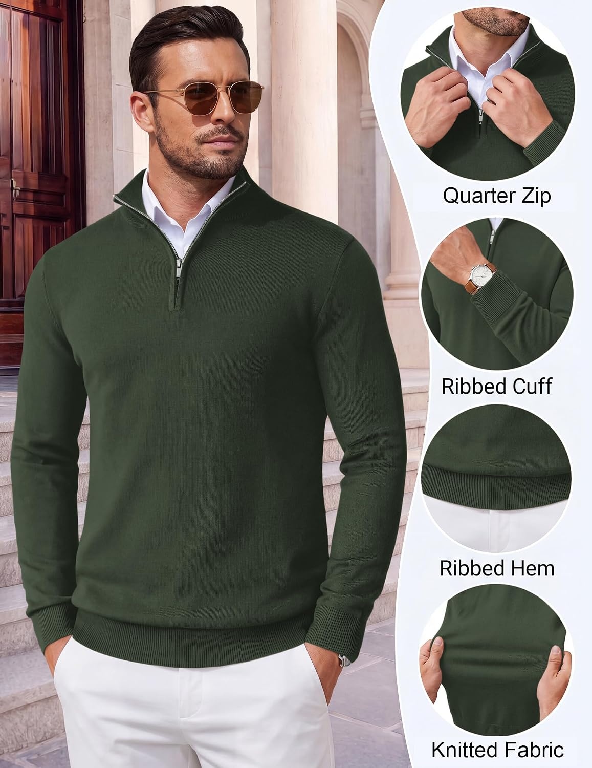 image:imageCOOFANDY Mens Quarter Zip Up Sweaters Slim Fit Lightweight Mock Pullover Casual Polo Sweaters Quarter Zip Pullover Business Winter Fall Relaxed Fit Knit Turtleneck Sweater Metal Zipper PullArmy Green