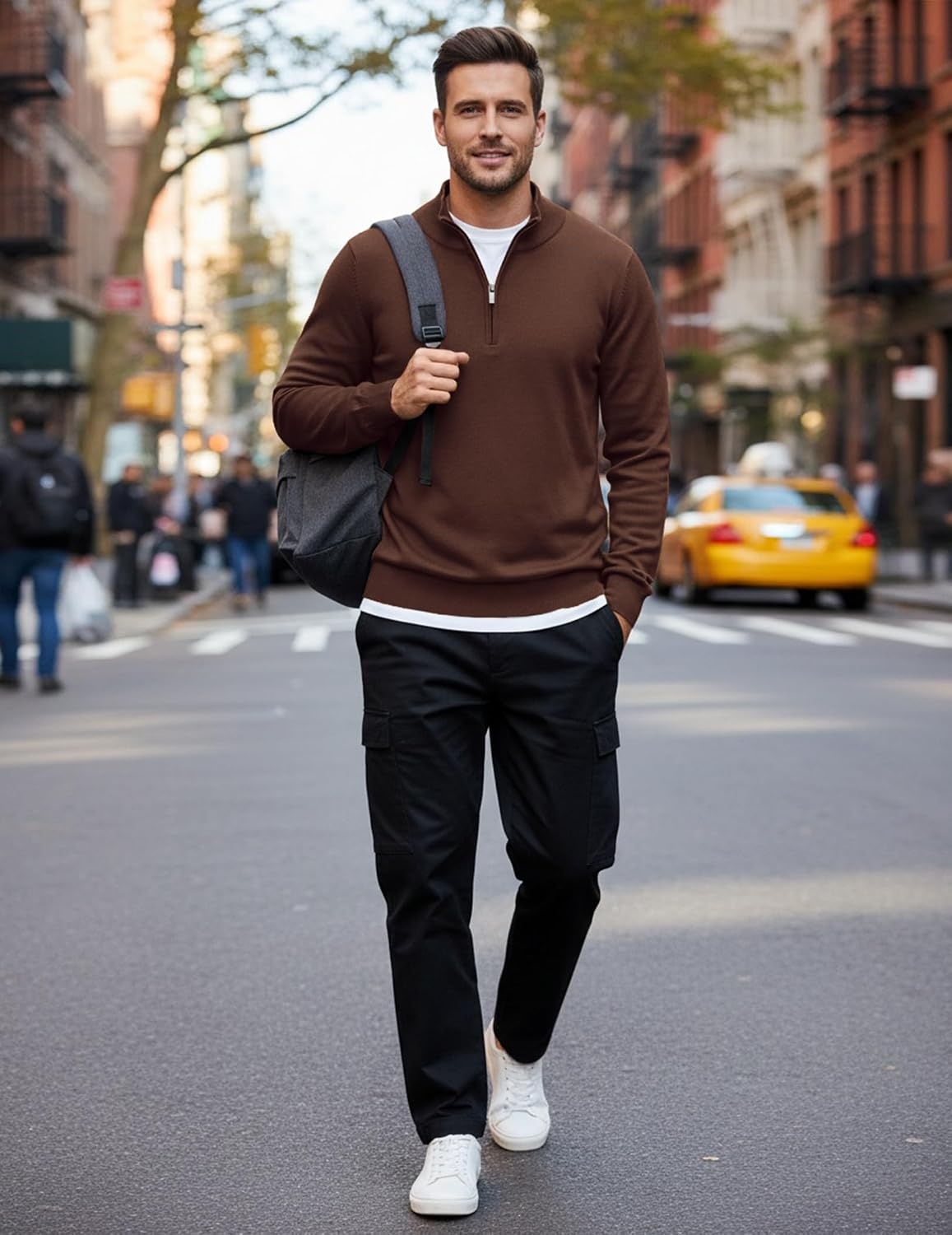 image:imageCOOFANDY Mens Quarter Zip Up Sweaters Slim Fit Lightweight Mock Pullover Casual Polo Sweaters Quarter Zip Pullover Business Winter Fall Relaxed Fit Knit Turtleneck Sweater Metal Zipper PullDark Brown