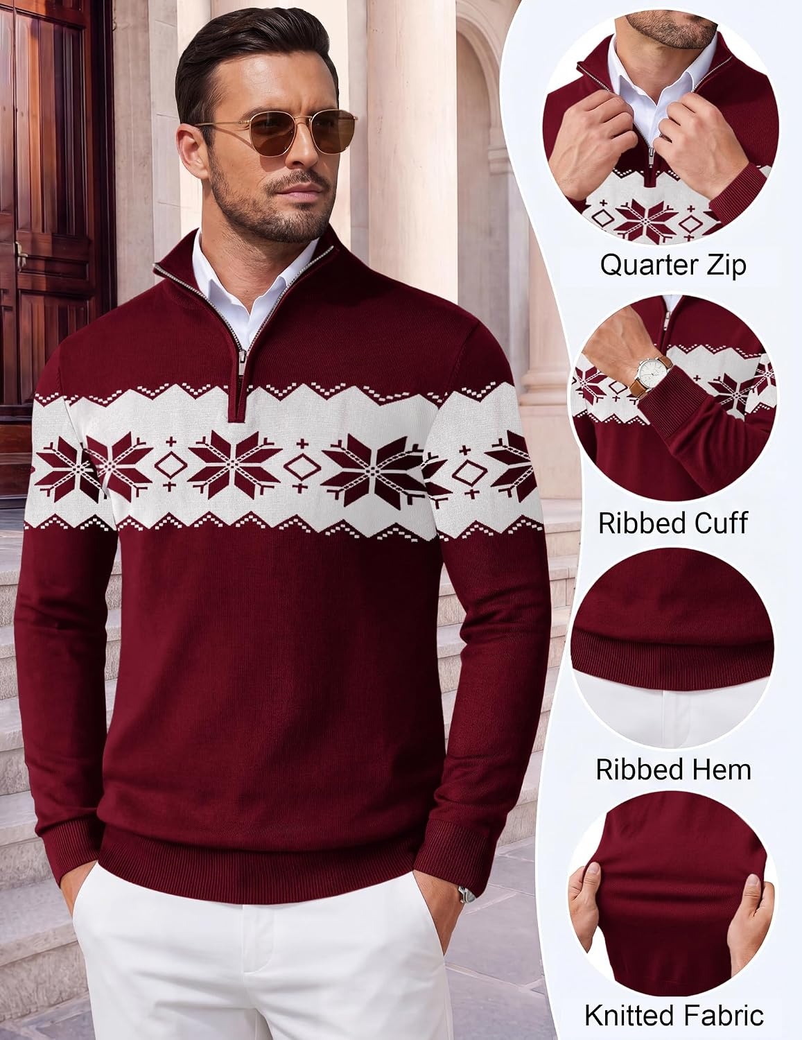 image:imageCOOFANDY Mens Quarter Zip Up Sweaters Slim Fit Lightweight Mock Pullover Casual Polo Sweaters Quarter Zip Pullover Business Winter Fall Relaxed Fit Knit Turtleneck Sweater Metal Zipper PullChristmas Red White