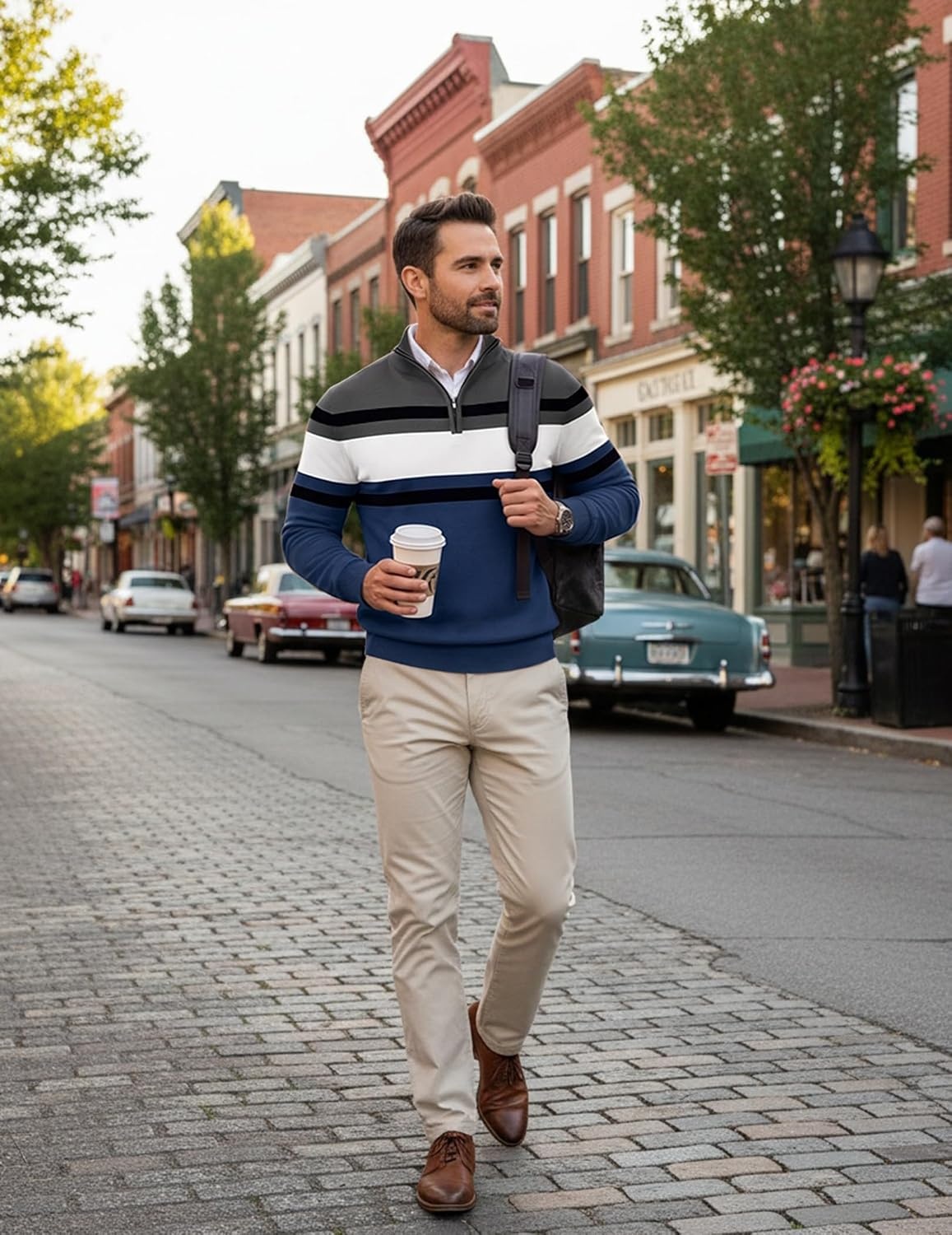 image:imageCOOFANDY Mens Quarter Zip Up Sweaters Slim Fit Lightweight Mock Pullover Casual Polo Sweaters Quarter Zip Pullover Business Winter Fall Relaxed Fit Knit Turtleneck Sweater Metal Zipper PullDark Blue White Stripe