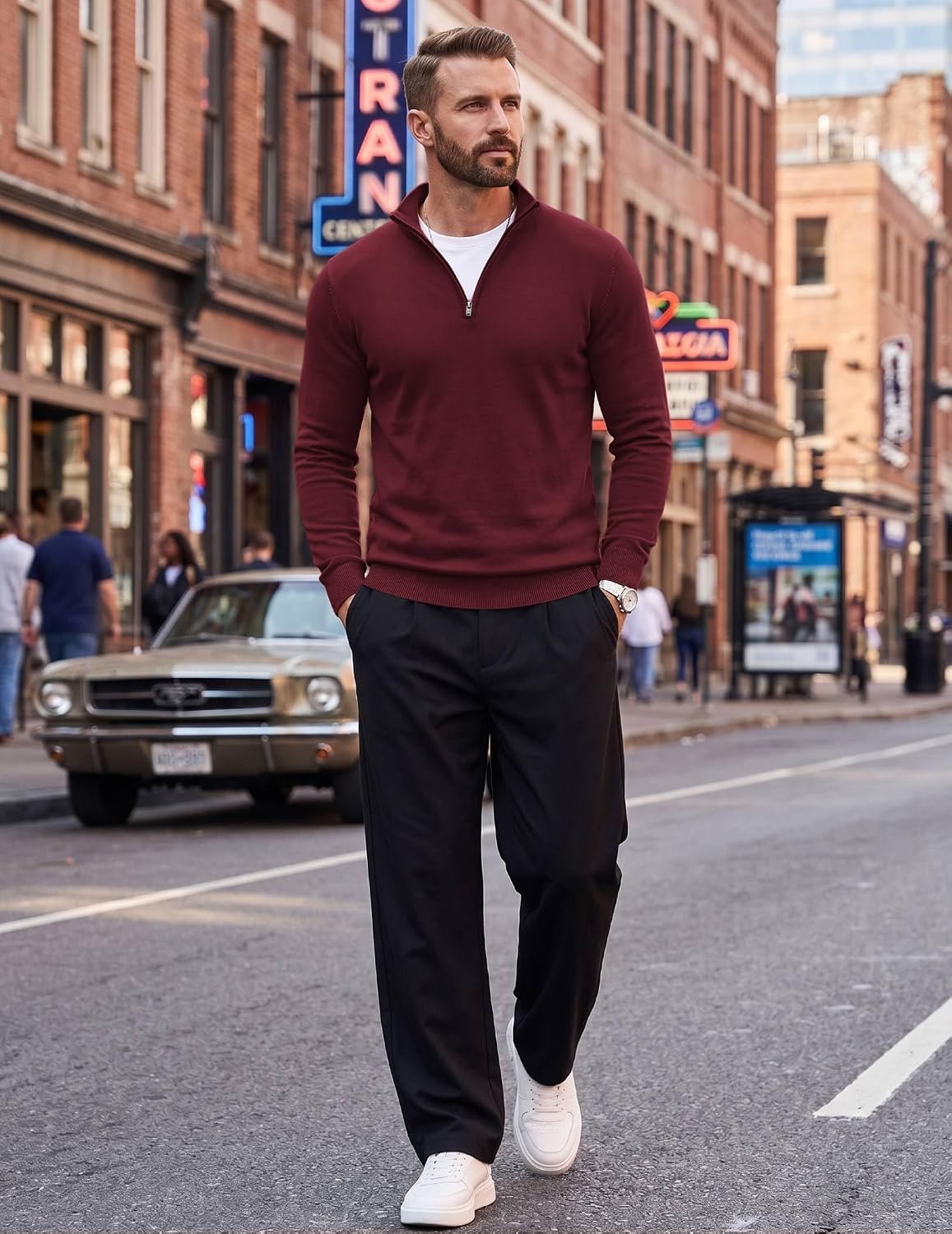 image:imageCOOFANDY Mens Quarter Zip Up Sweaters Slim Fit Lightweight Mock Pullover Casual Polo Sweaters Quarter Zip Pullover Business Winter Fall Relaxed Fit Knit Turtleneck Sweater Metal Zipper PullWine Red
