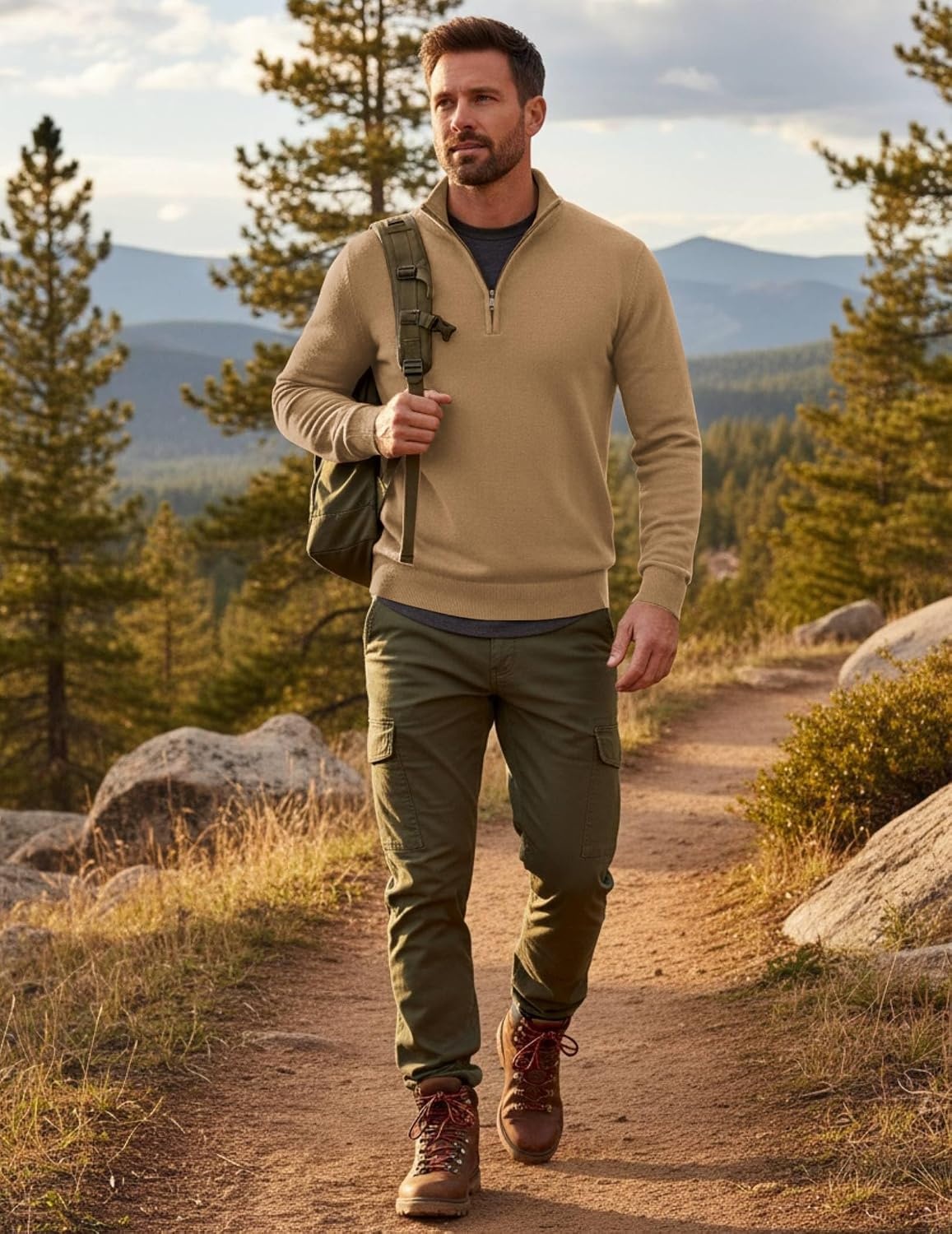 image:imageCOOFANDY Mens Quarter Zip Up Sweaters Slim Fit Lightweight Mock Pullover Casual Polo Sweaters Quarter Zip Pullover Business Winter Fall Relaxed Fit Knit Turtleneck Sweater Metal Zipper PullCamel