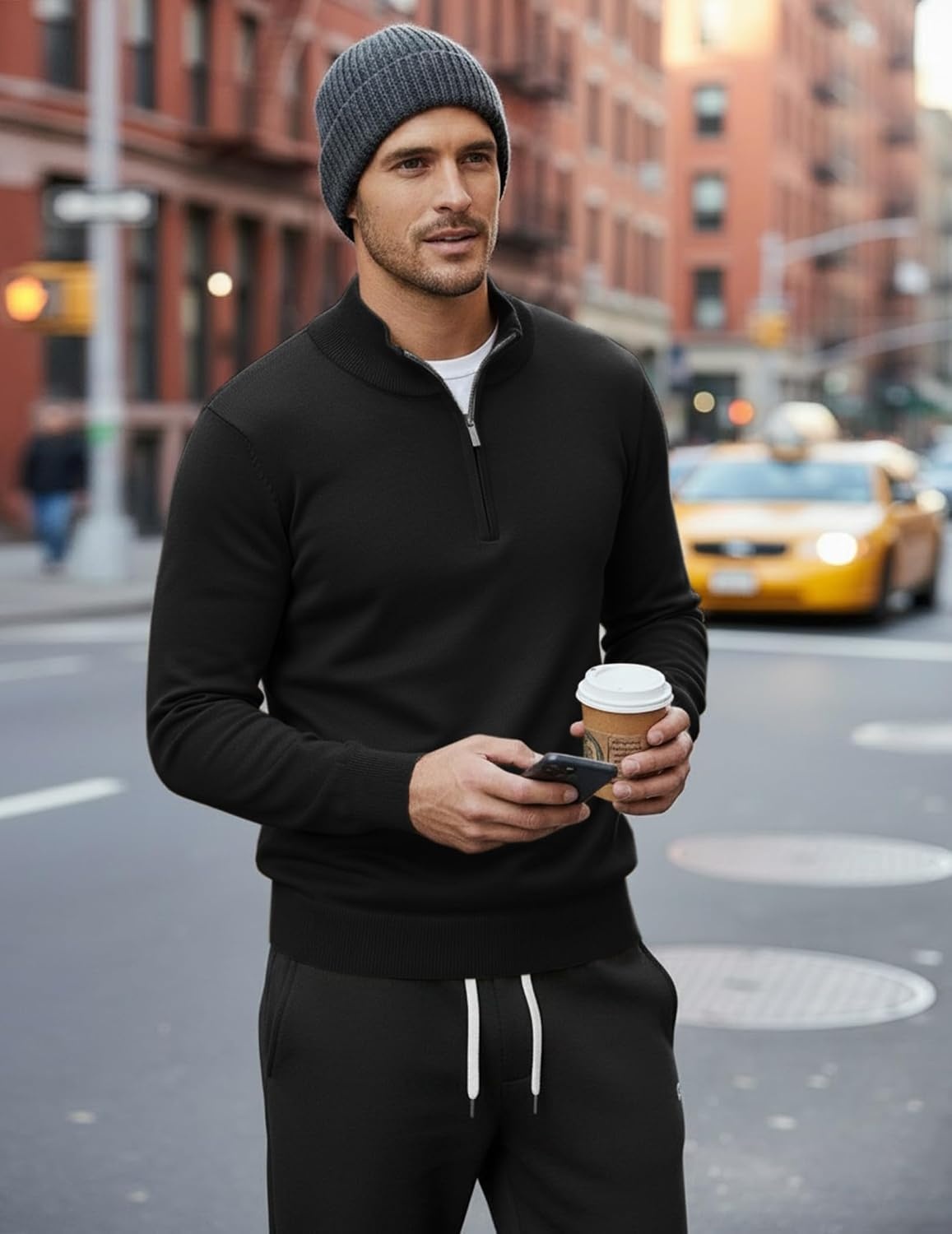 image:imageCOOFANDY Mens Quarter Zip Up Sweaters Slim Fit Lightweight Mock Pullover Casual Polo Sweaters Quarter Zip Pullover Business Winter Fall Relaxed Fit Knit Turtleneck Sweater Metal Zipper PullBlack
