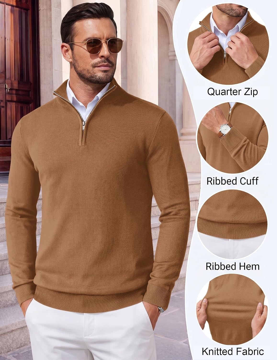 image:imageCOOFANDY Mens Quarter Zip Up Sweaters Slim Fit Lightweight Mock Pullover Casual Polo Sweaters Quarter Zip Pullover Business Winter Fall Relaxed Fit Knit Turtleneck Sweater Metal Zipper PullBrown