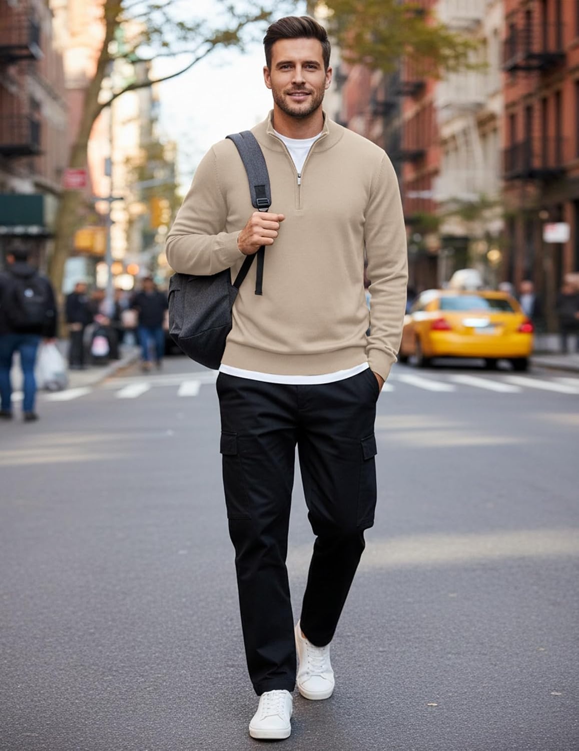 image:imageCOOFANDY Mens Quarter Zip Up Sweaters Slim Fit Lightweight Mock Pullover Casual Polo Sweaters Quarter Zip Pullover Business Winter Fall Relaxed Fit Knit Turtleneck Sweater Metal Zipper PullCream