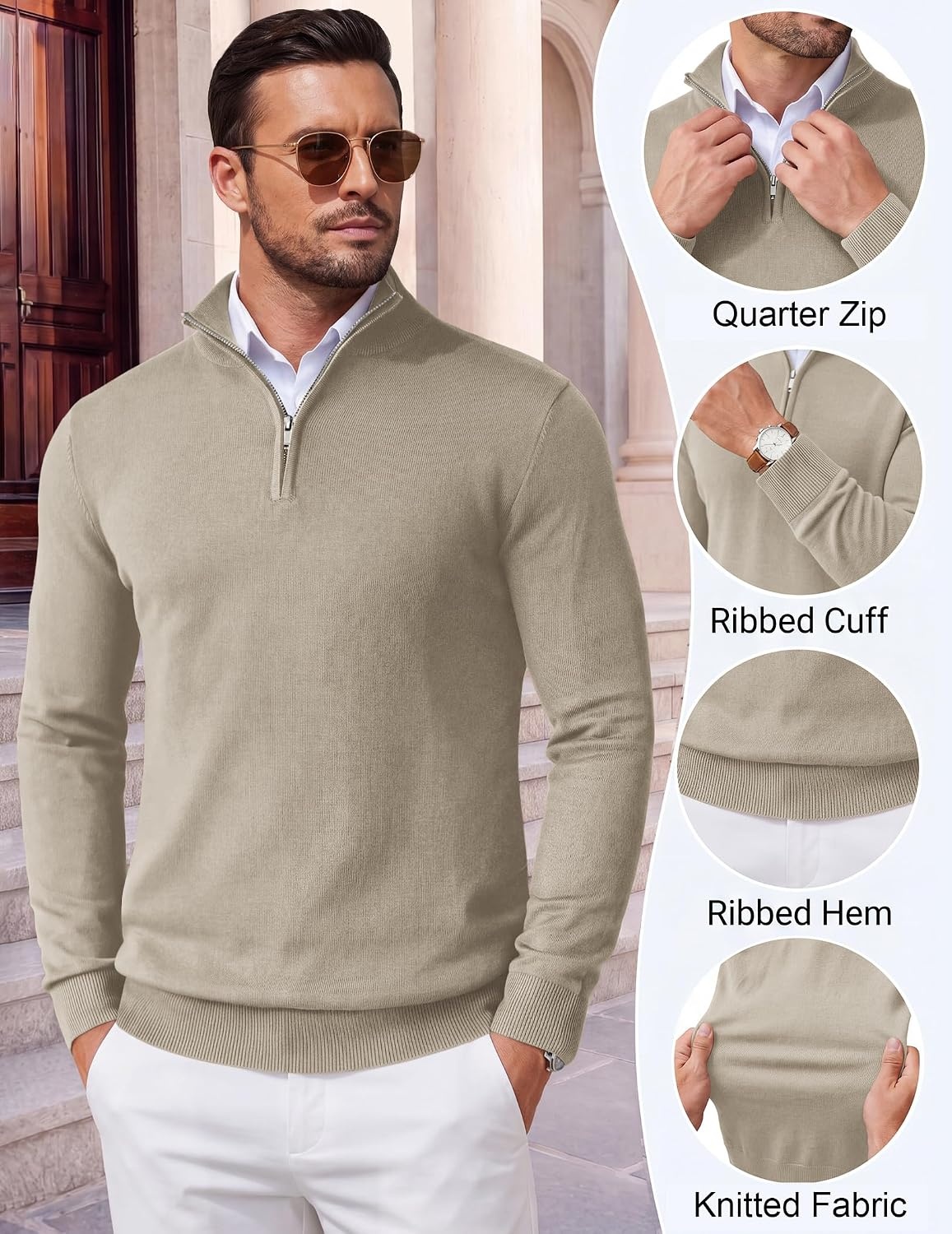 image:imageCOOFANDY Mens Quarter Zip Up Sweaters Slim Fit Lightweight Mock Pullover Casual Polo Sweaters Quarter Zip Pullover Business Winter Fall Relaxed Fit Knit Turtleneck Sweater Metal Zipper PullKhaki