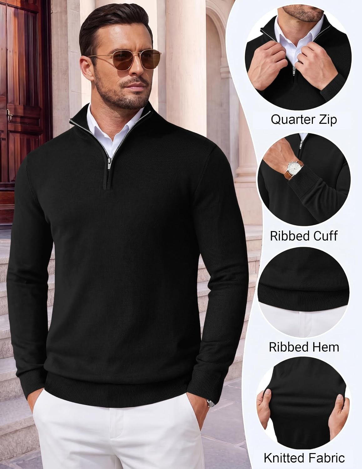 image:imageCOOFANDY Mens Quarter Zip Up Sweaters Slim Fit Lightweight Mock Pullover Casual Polo Sweaters Quarter Zip Pullover Business Winter Fall Relaxed Fit Knit Turtleneck Sweater Metal Zipper PullBlack