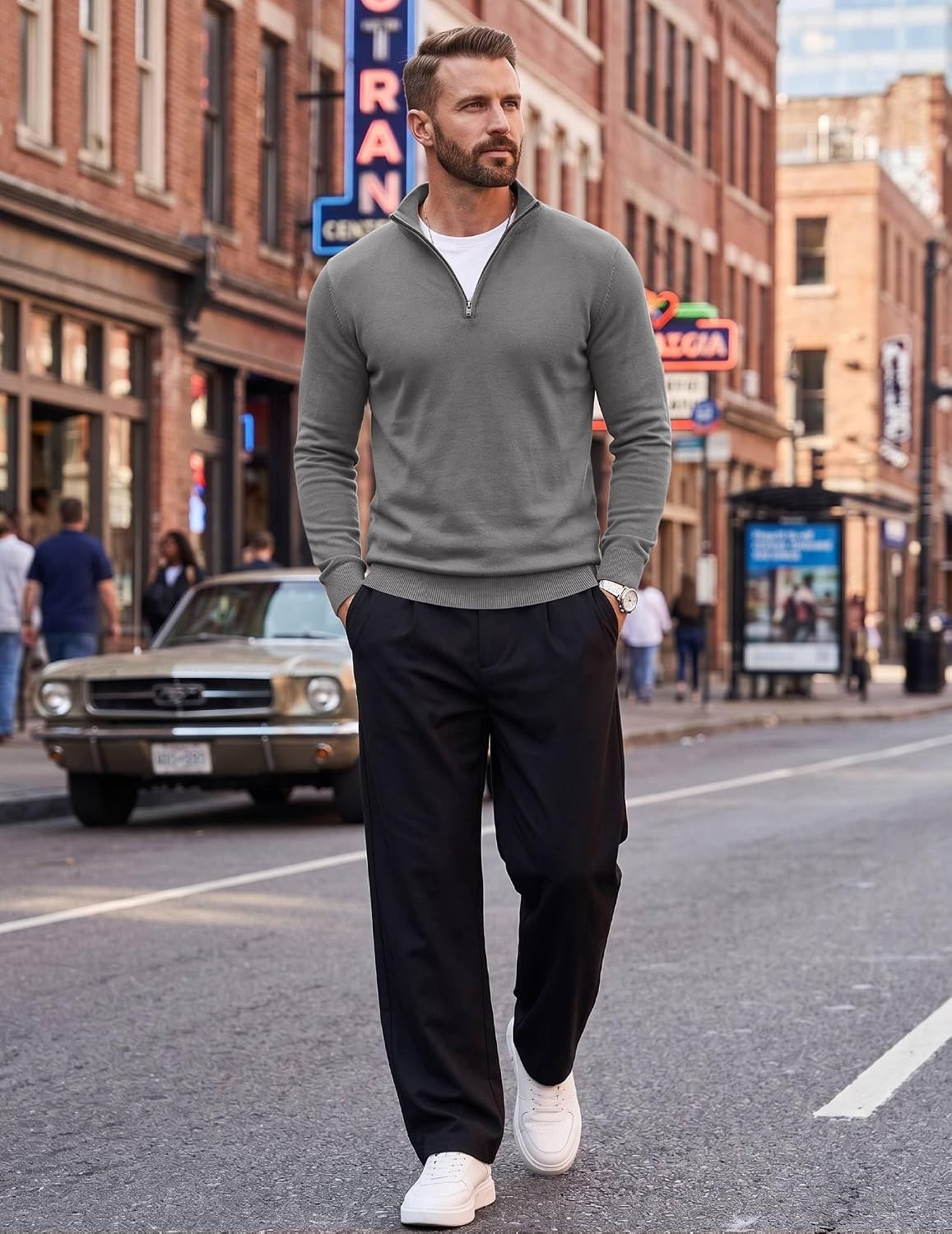 image:imageCOOFANDY Mens Quarter Zip Up Sweaters Slim Fit Lightweight Mock Pullover Casual Polo Sweaters Quarter Zip Pullover Business Winter Fall Relaxed Fit Knit Turtleneck Sweater Metal Zipper PullGrey
