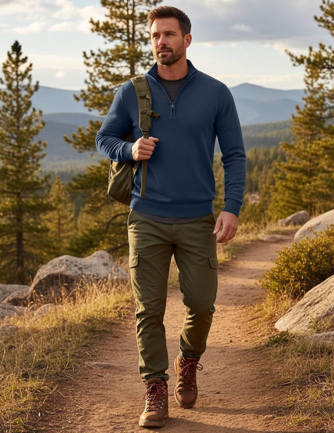 image:imageCOOFANDY Mens Quarter Zip Up Sweaters Slim Fit Lightweight Mock Pullover Casual Polo Sweaters Quarter Zip Pullover Business Winter Fall Relaxed Fit Knit Turtleneck Sweater Metal Zipper PullDenim Blue