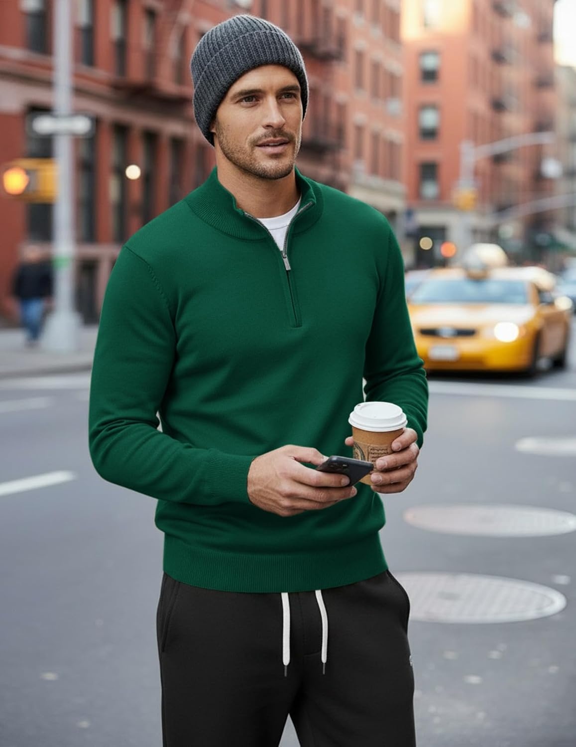 image:imageCOOFANDY Mens Quarter Zip Up Sweaters Slim Fit Lightweight Mock Pullover Casual Polo Sweaters Quarter Zip Pullover Business Winter Fall Relaxed Fit Knit Turtleneck Sweater Metal Zipper PullAdark Green