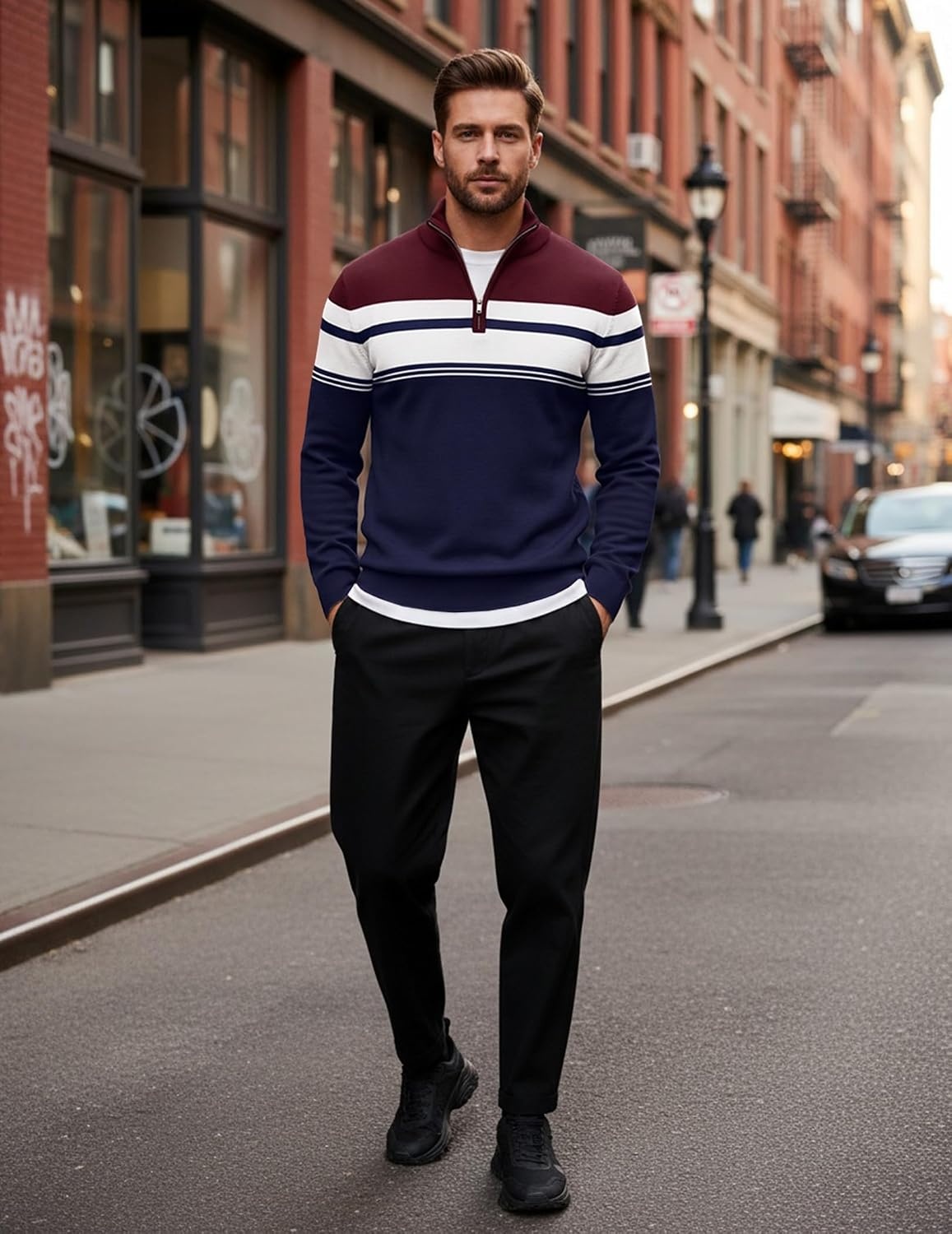 image:imageCOOFANDY Mens Quarter Zip Up Sweaters Slim Fit Lightweight Mock Pullover Casual Polo Sweaters Quarter Zip Pullover Business Winter Fall Relaxed Fit Knit Turtleneck Sweater Metal Zipper PullWine Red Navy Blue Stripe