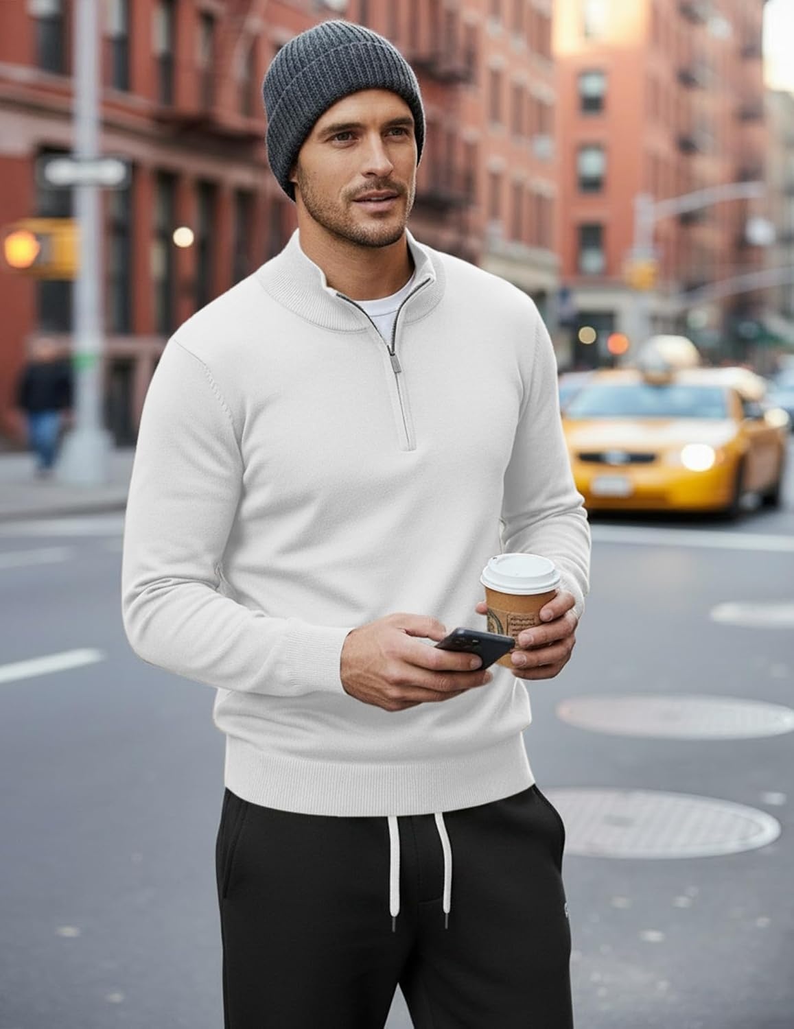 image:imageCOOFANDY Mens Quarter Zip Up Sweaters Slim Fit Lightweight Mock Pullover Casual Polo Sweaters Quarter Zip Pullover Business Winter Fall Relaxed Fit Knit Turtleneck Sweater Metal Zipper PullWhite