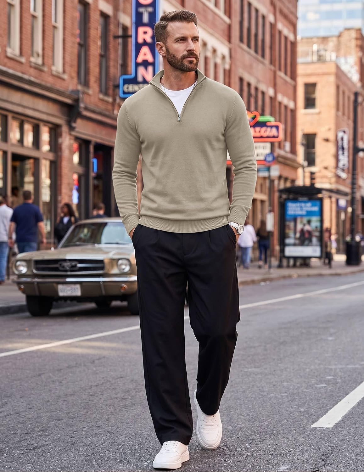 image:imageCOOFANDY Mens Quarter Zip Up Sweaters Slim Fit Lightweight Mock Pullover Casual Polo Sweaters Quarter Zip Pullover Business Winter Fall Relaxed Fit Knit Turtleneck Sweater Metal Zipper PullKhaki