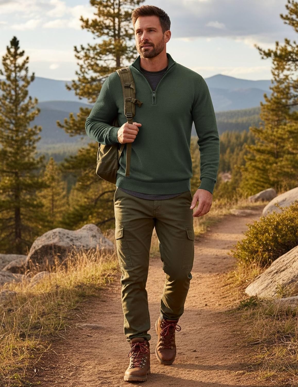 image:imageCOOFANDY Mens Quarter Zip Up Sweaters Slim Fit Lightweight Mock Pullover Casual Polo Sweaters Quarter Zip Pullover Business Winter Fall Relaxed Fit Knit Turtleneck Sweater Metal Zipper PullArmy Green