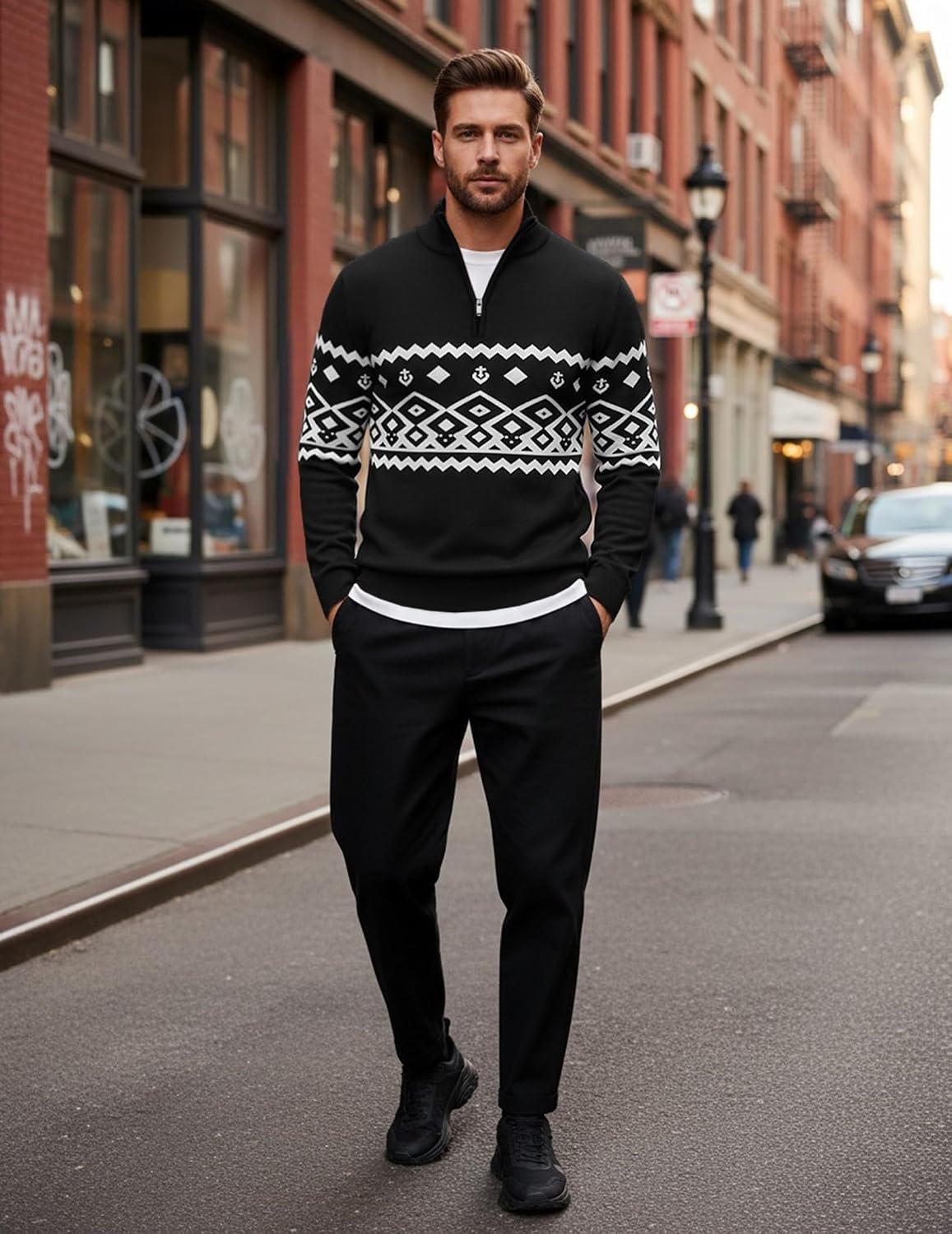 image:imageCOOFANDY Mens Quarter Zip Up Sweaters Slim Fit Lightweight Mock Pullover Casual Polo Sweaters Quarter Zip Pullover Business Winter Fall Relaxed Fit Knit Turtleneck Sweater Metal Zipper PullChristmas Black White