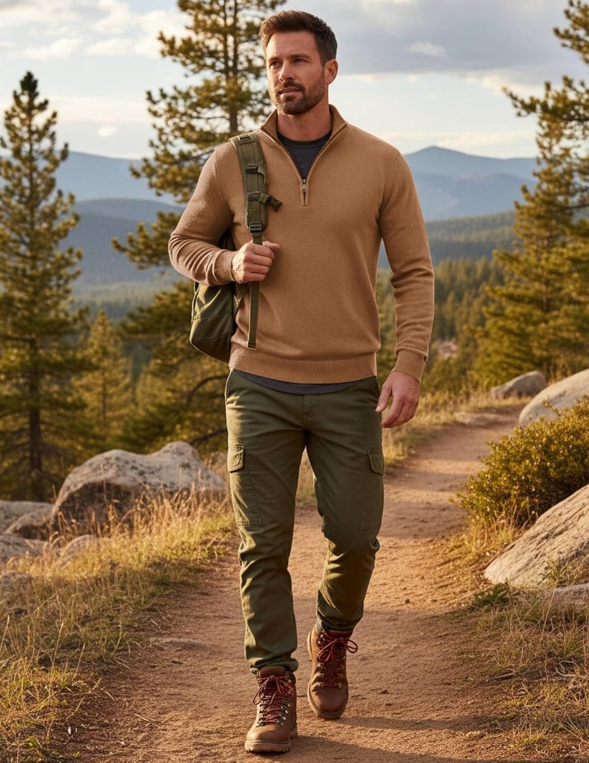 image:imageCOOFANDY Mens Quarter Zip Up Sweaters Slim Fit Lightweight Mock Pullover Casual Polo Sweaters Quarter Zip Pullover Business Winter Fall Relaxed Fit Knit Turtleneck Sweater Metal Zipper PullBrown