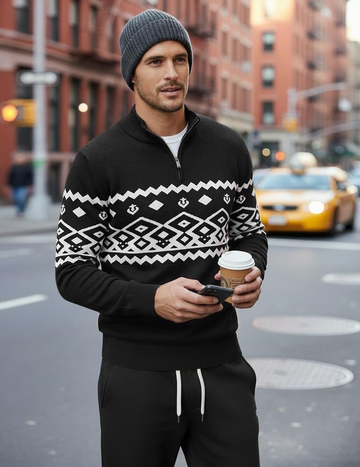 image:imageCOOFANDY Mens Quarter Zip Up Sweaters Slim Fit Lightweight Mock Pullover Casual Polo Sweaters Quarter Zip Pullover Business Winter Fall Relaxed Fit Knit Turtleneck Sweater Metal Zipper PullChristmas Black White
