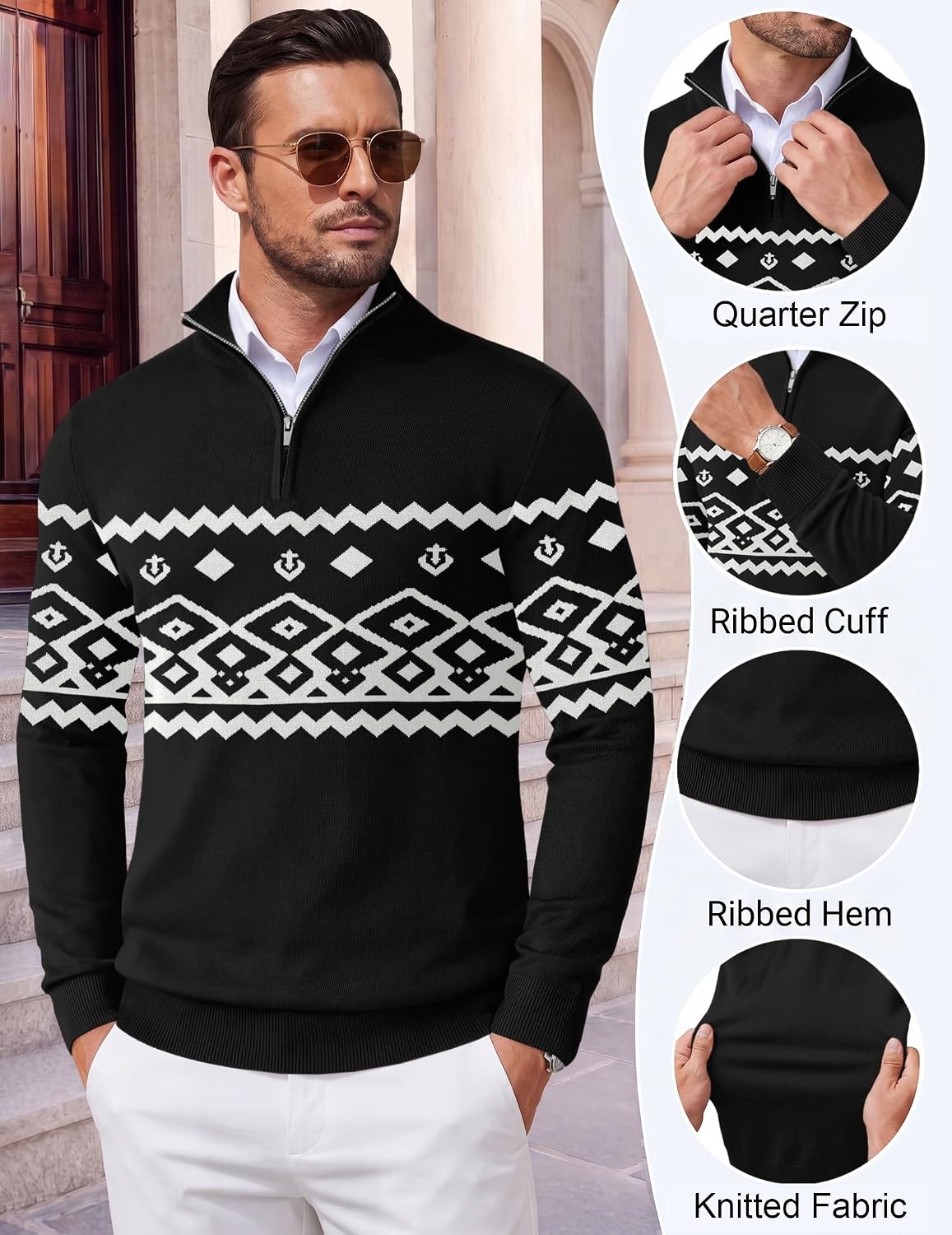 image:imageCOOFANDY Mens Quarter Zip Up Sweaters Slim Fit Lightweight Mock Pullover Casual Polo Sweaters Quarter Zip Pullover Business Winter Fall Relaxed Fit Knit Turtleneck Sweater Metal Zipper PullChristmas Black White