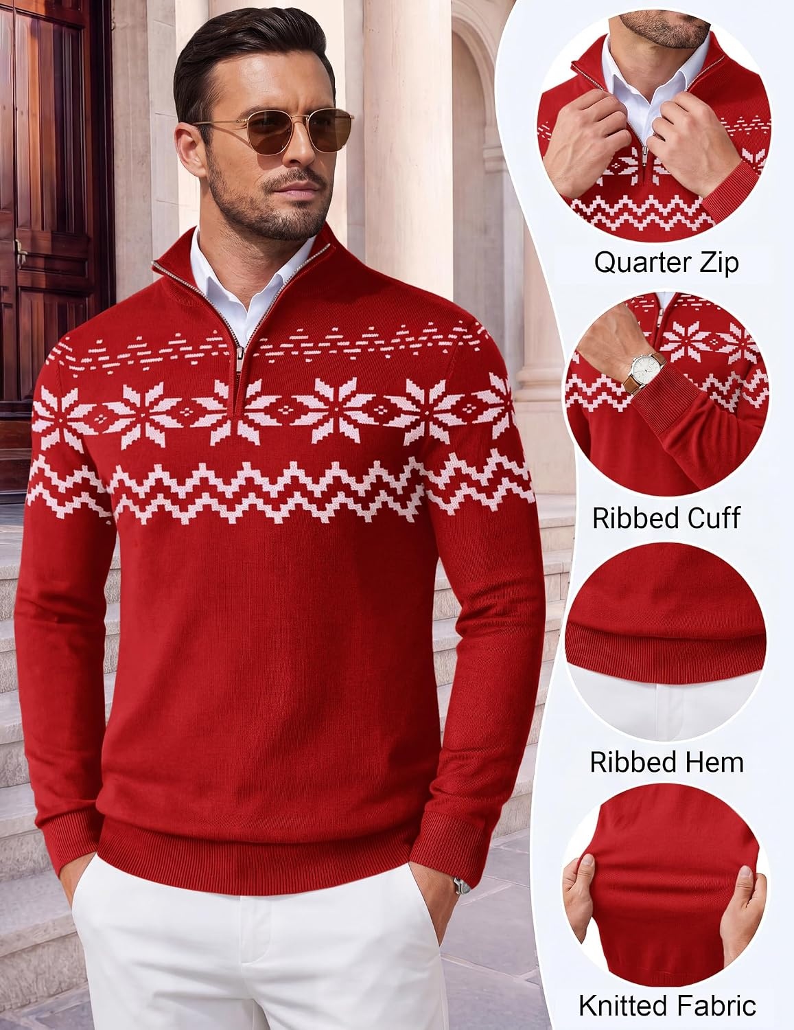 image:imageCOOFANDY Mens Quarter Zip Up Sweaters Slim Fit Lightweight Mock Pullover Casual Polo Sweaters Quarter Zip Pullover Business Winter Fall Relaxed Fit Knit Turtleneck Sweater Metal Zipper PullChristmas Red