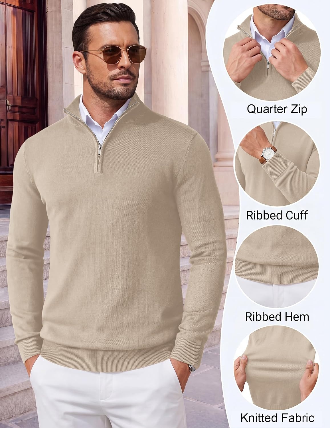 image:imageCOOFANDY Mens Quarter Zip Up Sweaters Slim Fit Lightweight Mock Pullover Casual Polo Sweaters Quarter Zip Pullover Business Winter Fall Relaxed Fit Knit Turtleneck Sweater Metal Zipper PullCream